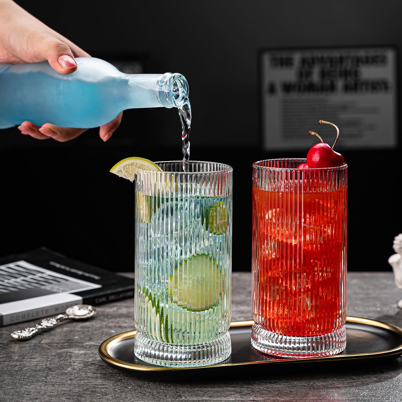 Vasos para beber, 8 vasos de vidrio estilo origami, vasos altos de 15 onzas, elegante cristalería vintage ondulada, vasos acanalados, vasos a rayas, vasos de café helado para cóctel, whisky,