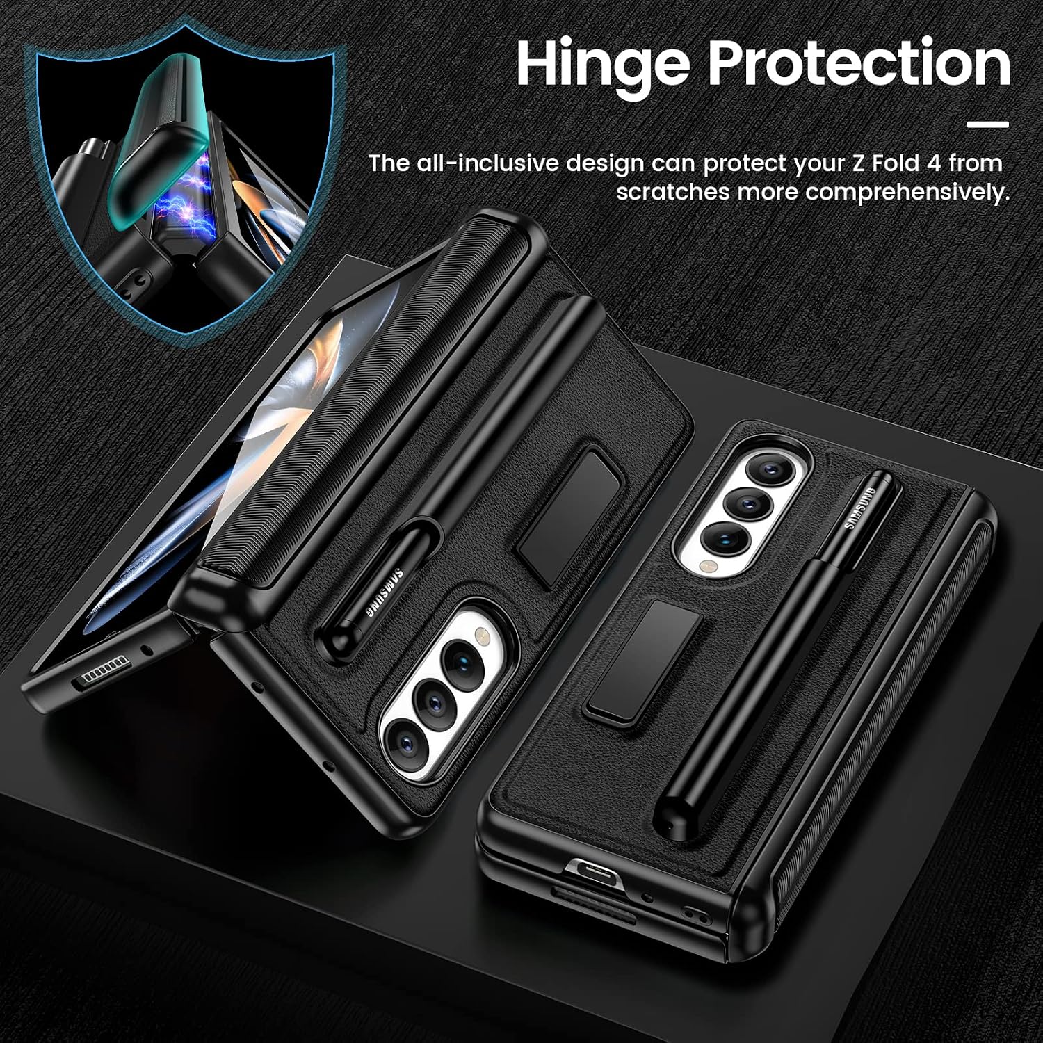 VEGO for Galaxy Z Fold 4 Case with S Pen Holder, Metal Kickstand Case with [Hinge Protection & Screen Protector], PU Leather Protective Case for Samsung Z Fold 4 5G 2022 New Released - Midnight Black