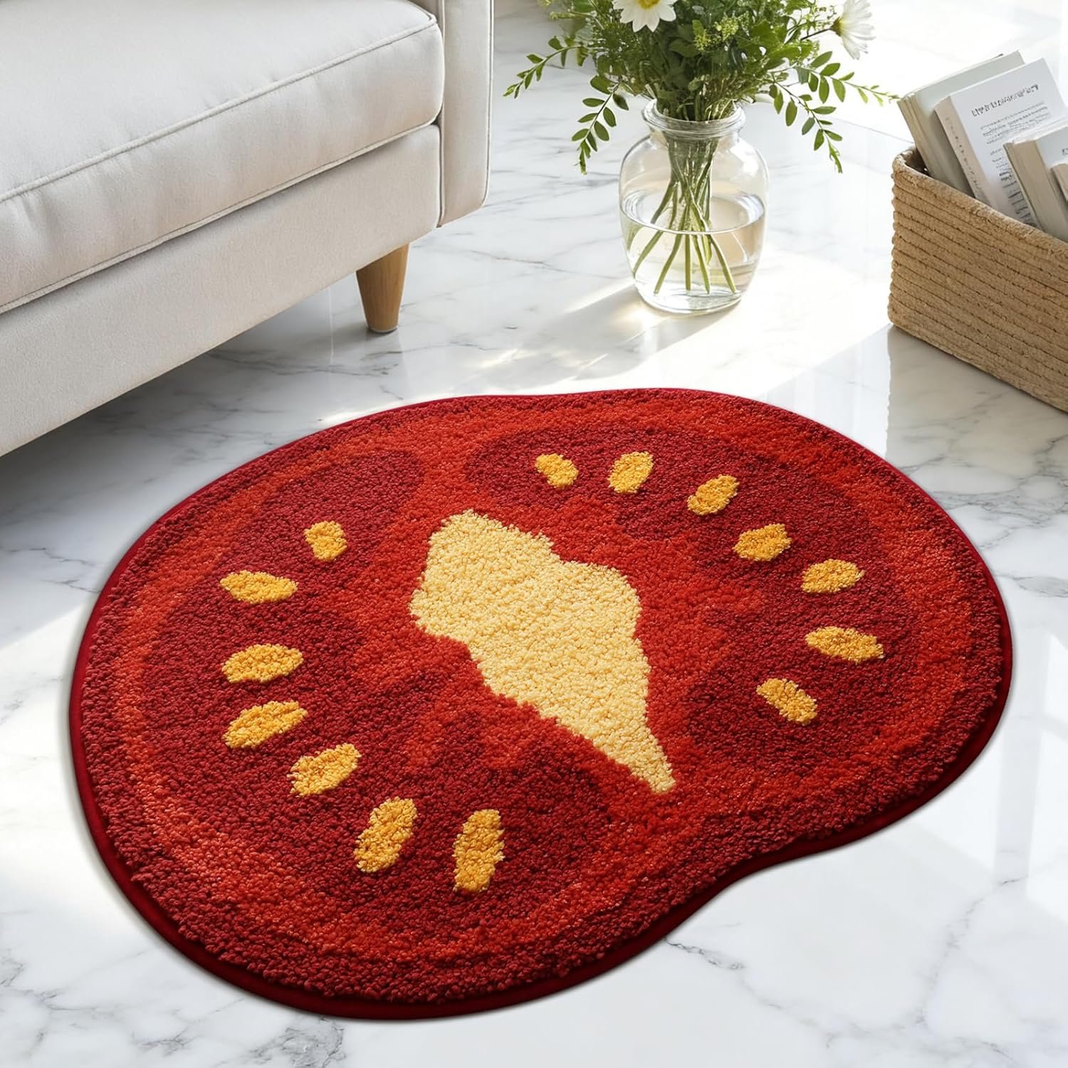 Fresh Summer Bath Mat, Fruit Design Bathroom Rug, Cute Round Shape, Soft Plush, Ultra Absorbent, Machine Washable, 31.5" x 31.5", Bright Tomato