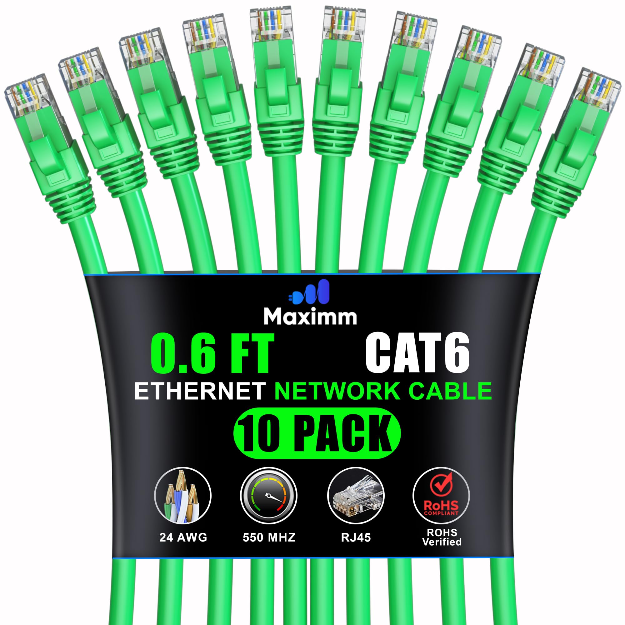 Maximm Cat 6 Ethernet Cable 0.6 ft (10-Pack) - High-Speed LAN Cable, Internet Cable, Patch Cable, and Network Cable - UTP, 10Gbps, 550MHz Ethernet