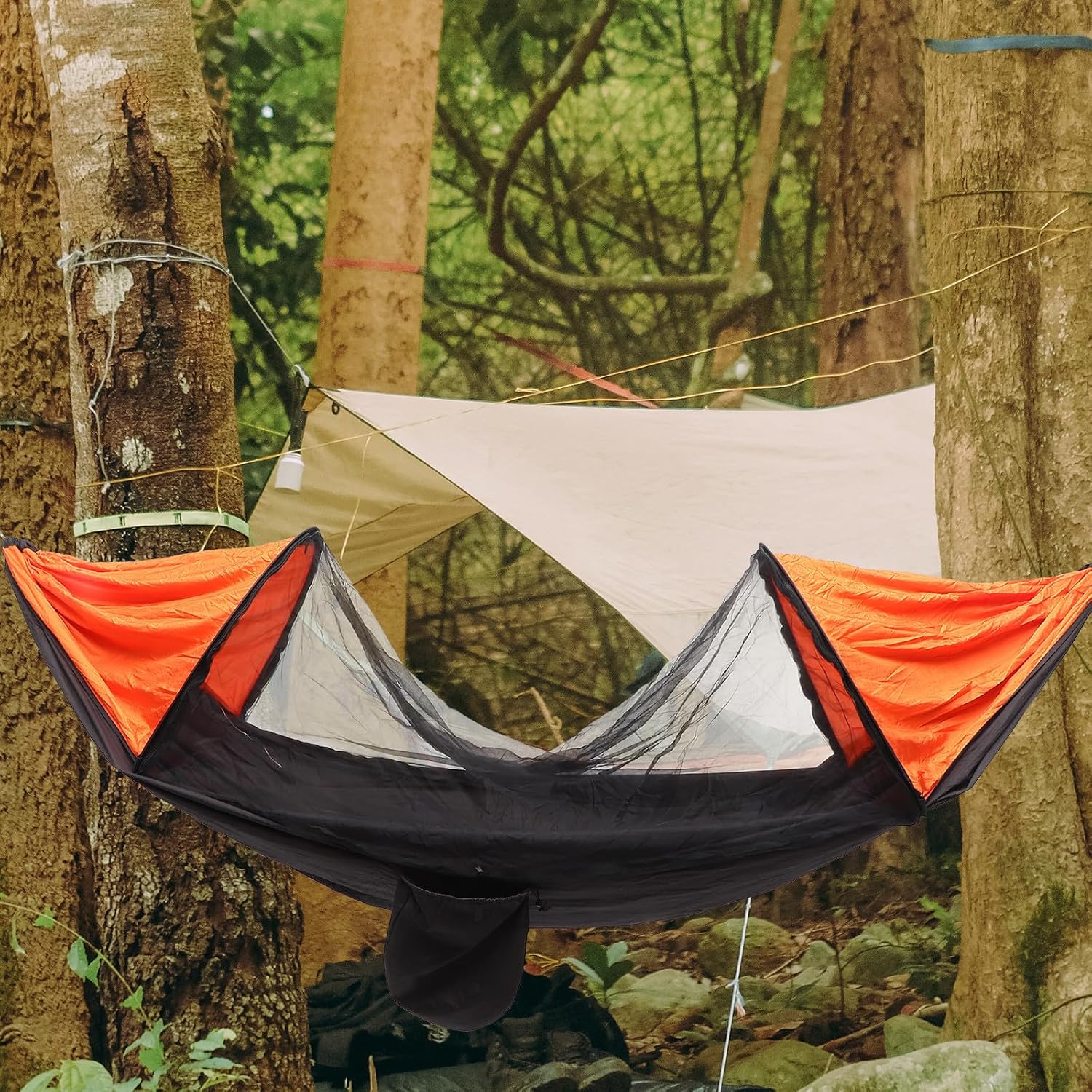 Outanaya Multi-Function Mosquito Net Hammock with Sunshade, Lightweight Nylon Camping Hammock for Hiking and Traveling, Easy to Use Portable Suspended Tent Bed