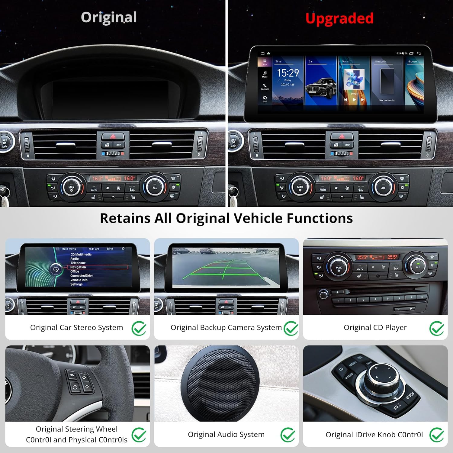 ATOTO S8 PN retaining original BMW functions like backup camera, CD player, and steering wheel controls