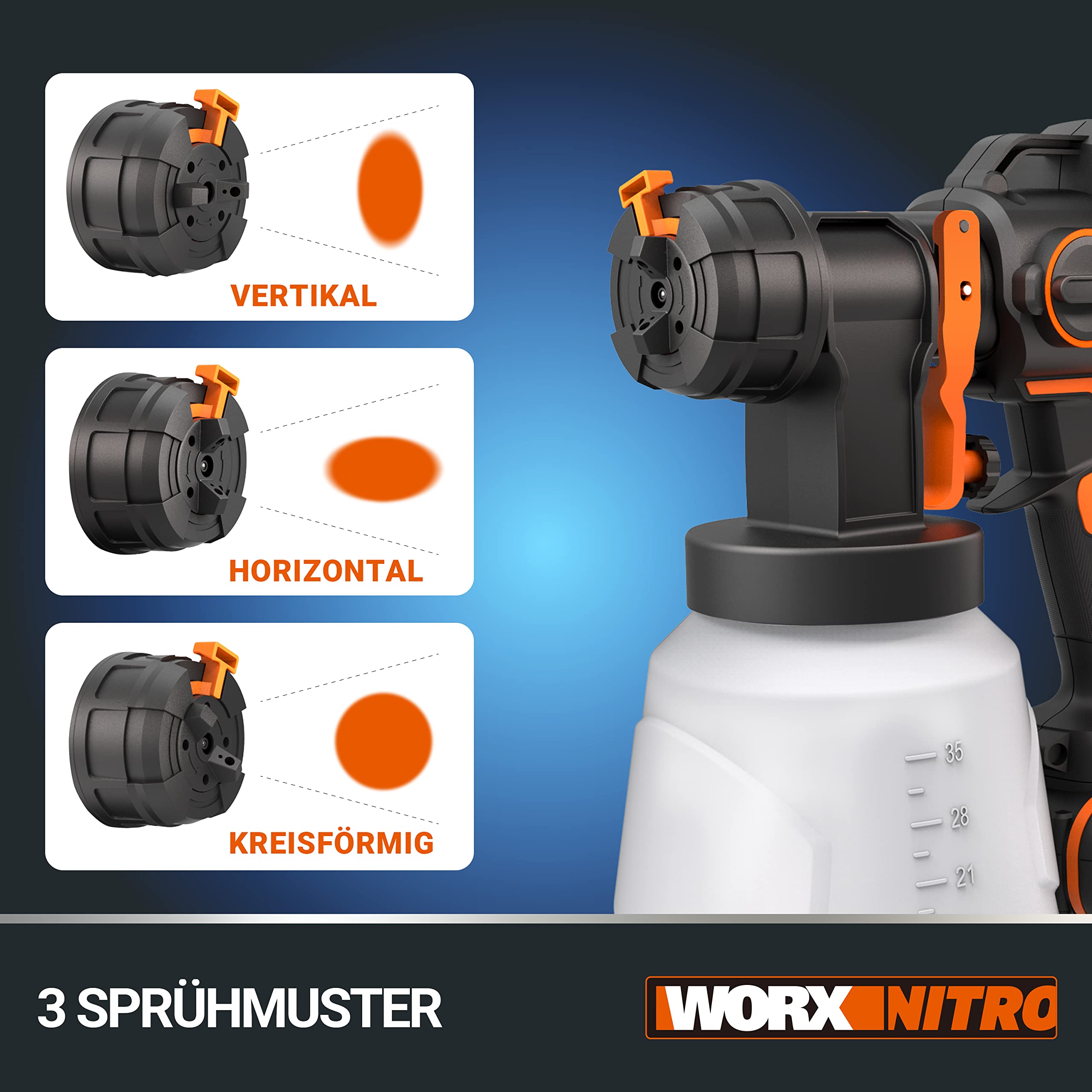 WORX WX020.9 Nitro Akku-Farbsprühsystem 20V - leistungsstark bürstenloser Motor - 3 Sprühform & 4 Düsengrößen - einfache Reinigung - gleichmäßiges Sprühen - ohne Akku & Ladegerät
