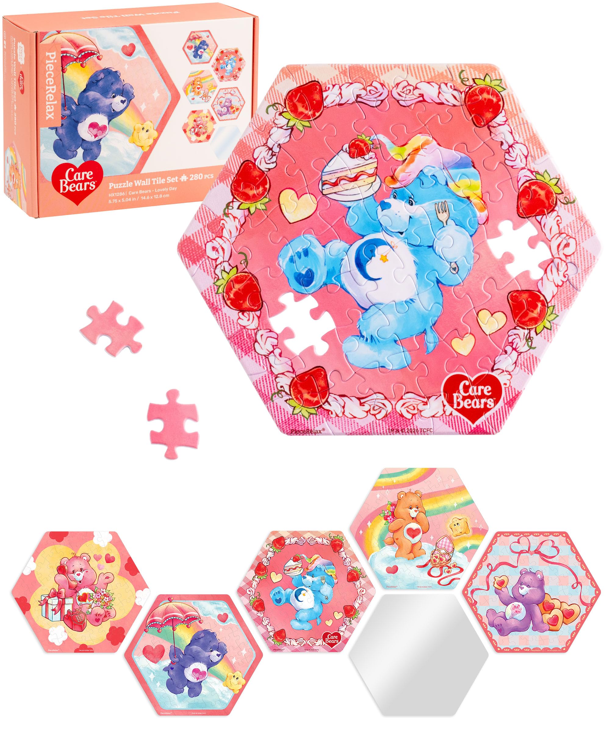 ピースリラックス(PieceRelax) 56ピースの5個セット ミラー付き 六角形タイルパズル 壁飾りセット 【ケアベア＿ドキドキの日々】(13X15cm) プラスチック製 ジグソーパズル 簡単 プレゼント インテリア [HX1286]