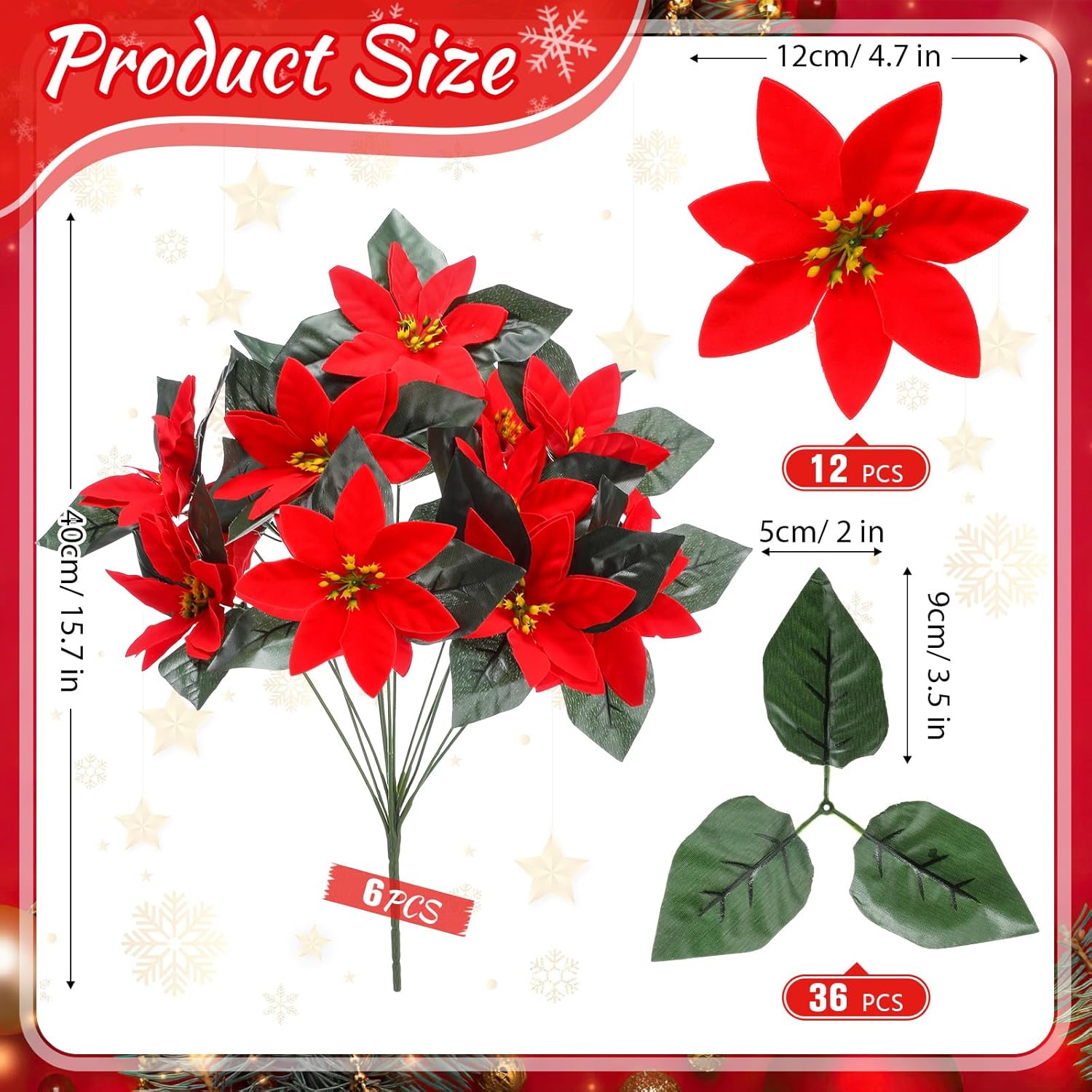 6 Bundles Christmas Artificial Poinsettia Bushes 12 Flower Heads, 15.7 Inches Velvet Artificial Christmas Flowers for Xmas Home Table Centerpieces Indoor Outdoor Decorations
