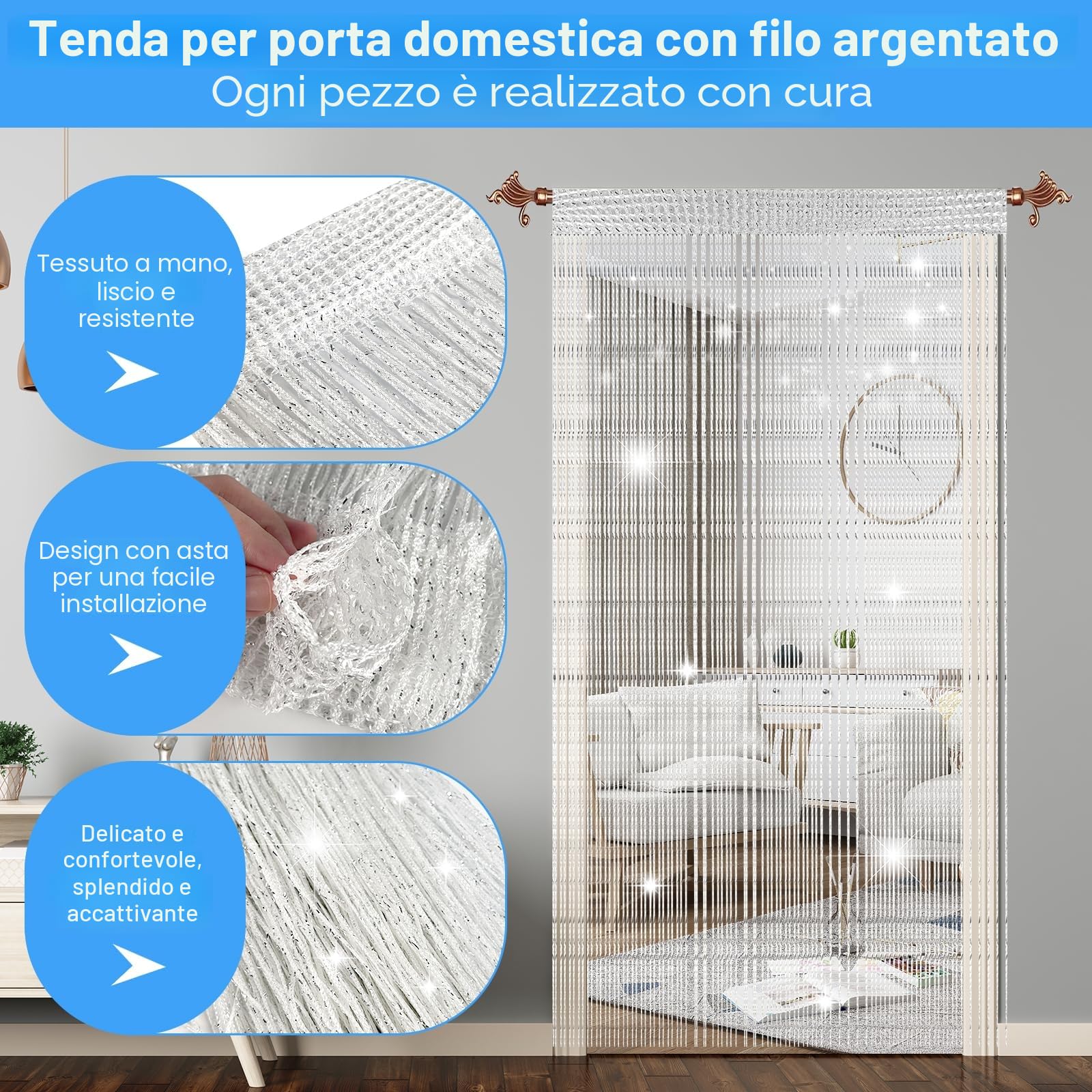Farerkass 2 pezzi Tenda Antimosche per Porta Esterna, 95 x 200 cm Tenda a Fili, Fili Glitterata, Tende Antimosche per Soggiorno, Camera da Letto, Feste e Eventi, Matrimoni, Caffè(Bianco)