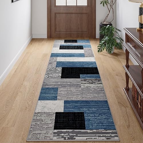 FlyDOIT 2x6 Modern Geometric Patchwork Blue Runner Rug