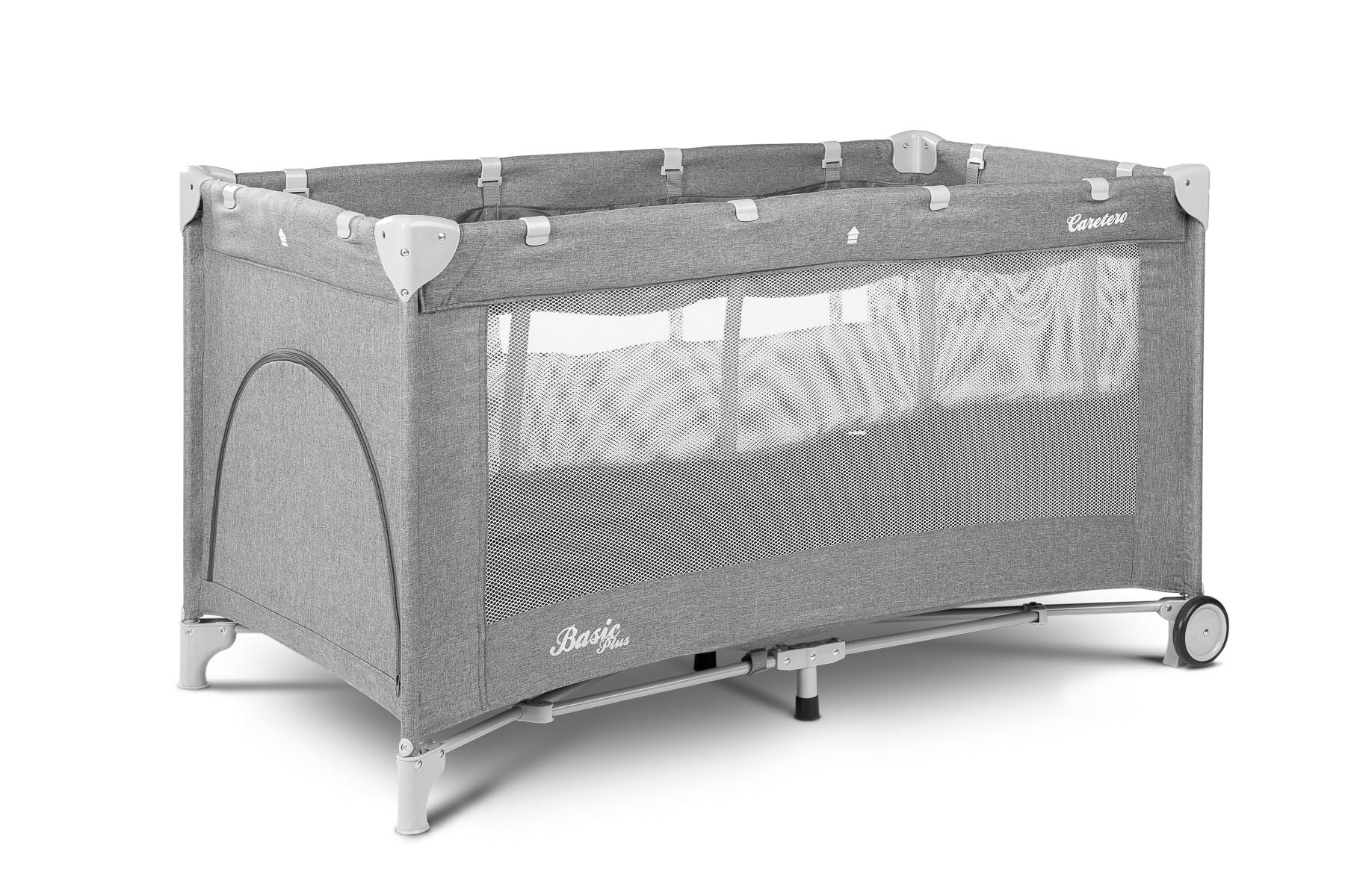 CARETERO - Łóżeczko turystyczne z materacem 120x60 cm, Basic Plus - Składane łóżeczko turystyczne dla dzieci do 15 kg - Od urodzenia do 4 lat - W zestawie torba transportowa - Szary
