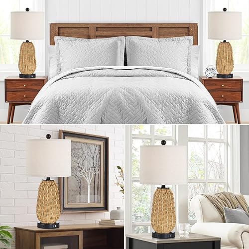 Miniatura 5 de Lámpara de mesa de ratán con control táctil, lámpara de noche regulable de 3 vías para dormitorio con 2 puertos USB y salida de CA, lámparas de