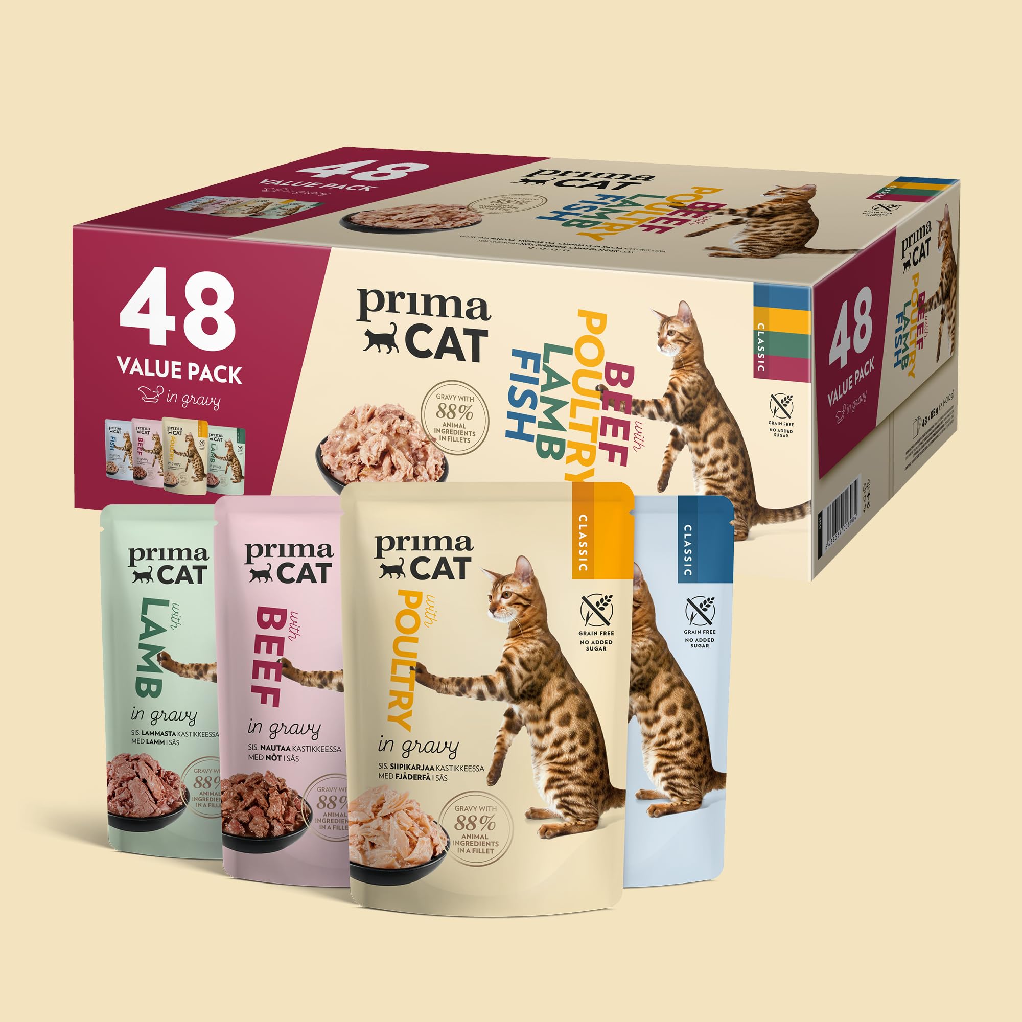 PrimaCat Klasyczna mokra karma w sosie do smażenia, opakowanie ekonomiczne dla kotów, 48 x 85 g