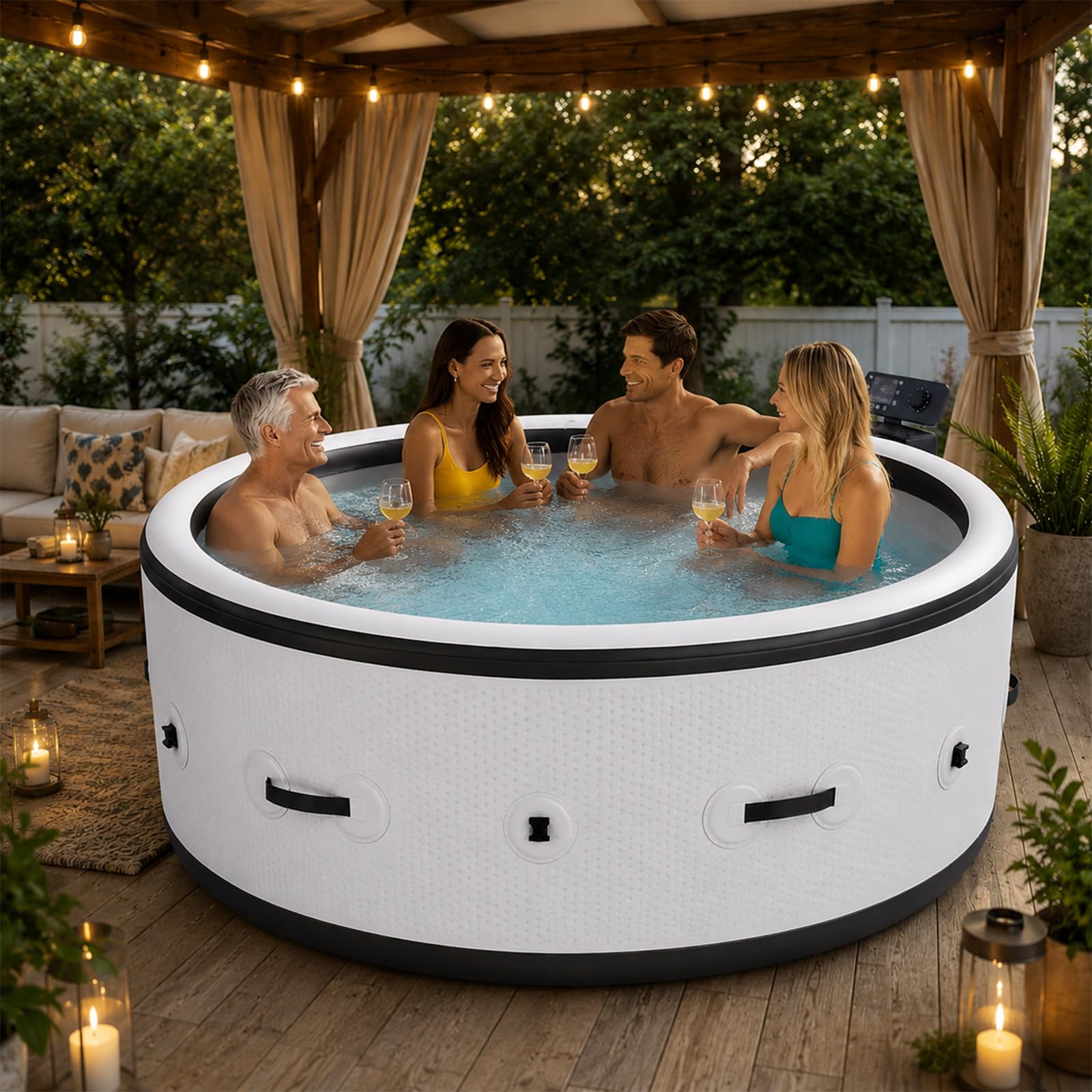 Bañera Hidromasaje Hinchable Bienestar 4-6 Personas 206x71cm, SPA Inflable Anti-Pinchazos, 150 Chorros de Burbujas, Calentamiento 40°C, LED 6 Colores, Jardín Terraza Patio Exterior