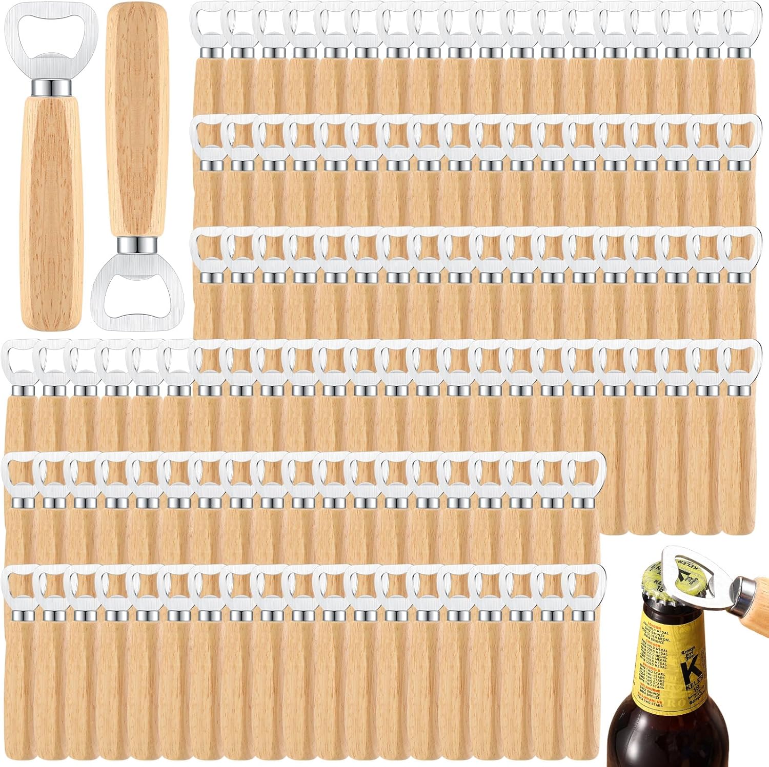 72 Pcs Wood Wine Bottle Opener Stainless Steel Bottle Opener Wood Handheld Heavy Duty Bartender Cider Engraved Gift Set for Kitchen Wedding Party Bar Home Restaurant