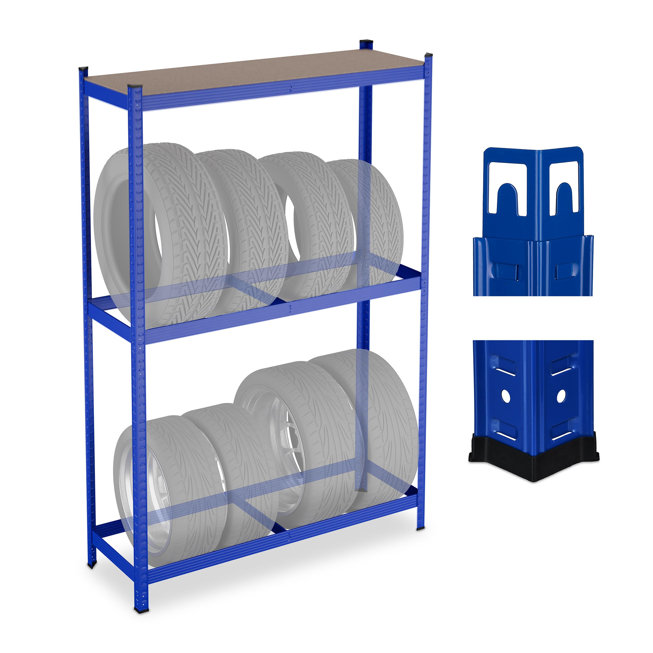Relaxdays tyre rack for 8 tyres, HxWxD: 180 x 120 x 40 cm, 795 kg, steel, easy assembly, wheel rack with shelf, blue