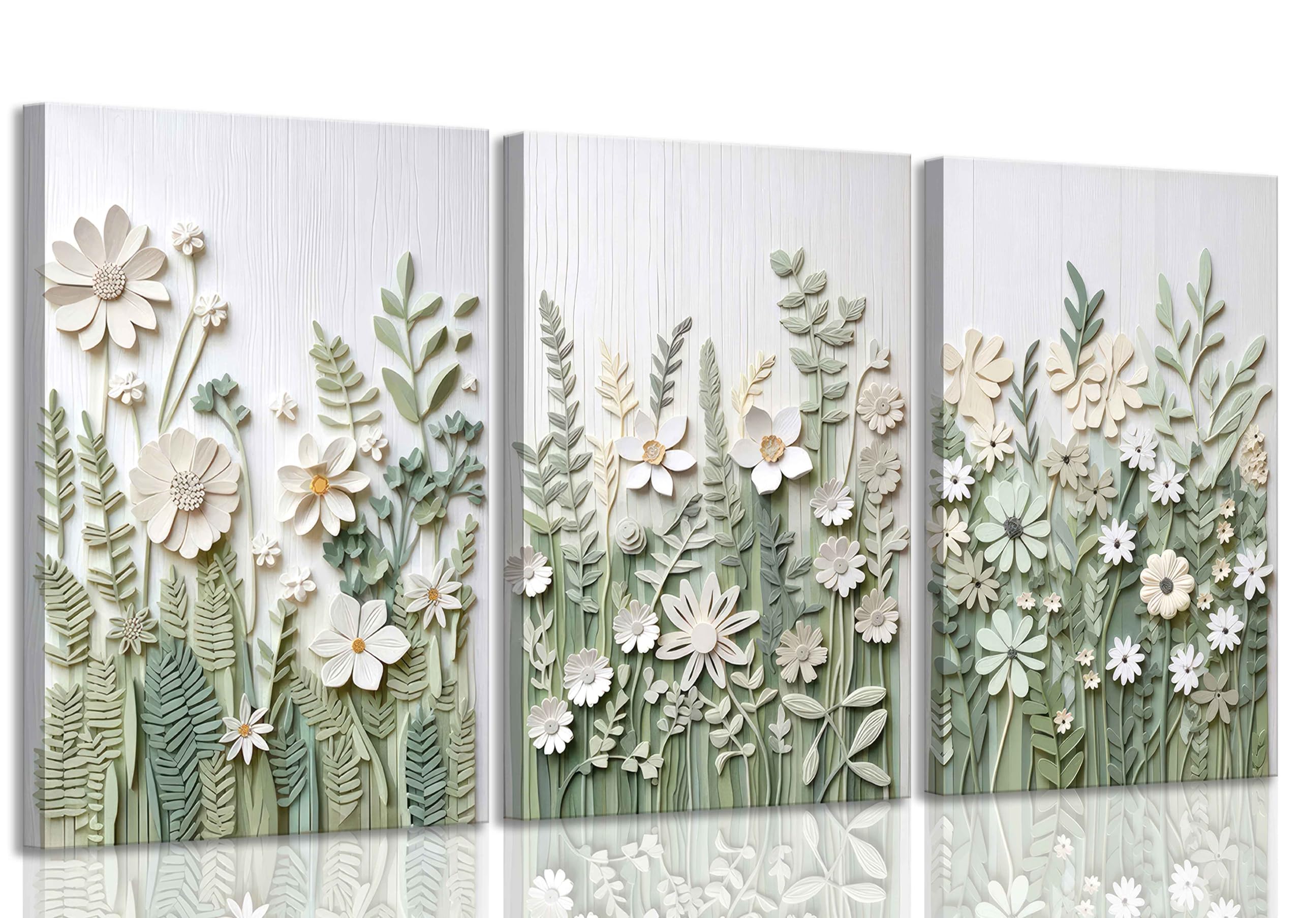 3 Pcs Sage Green Wildflowers Canvas Wall Art Neutral Minimalist Abstract Boho Floral Botanical Painting Pictures Wall Decor Poster Print Artwork for Living Room Bedroom Home Decoration