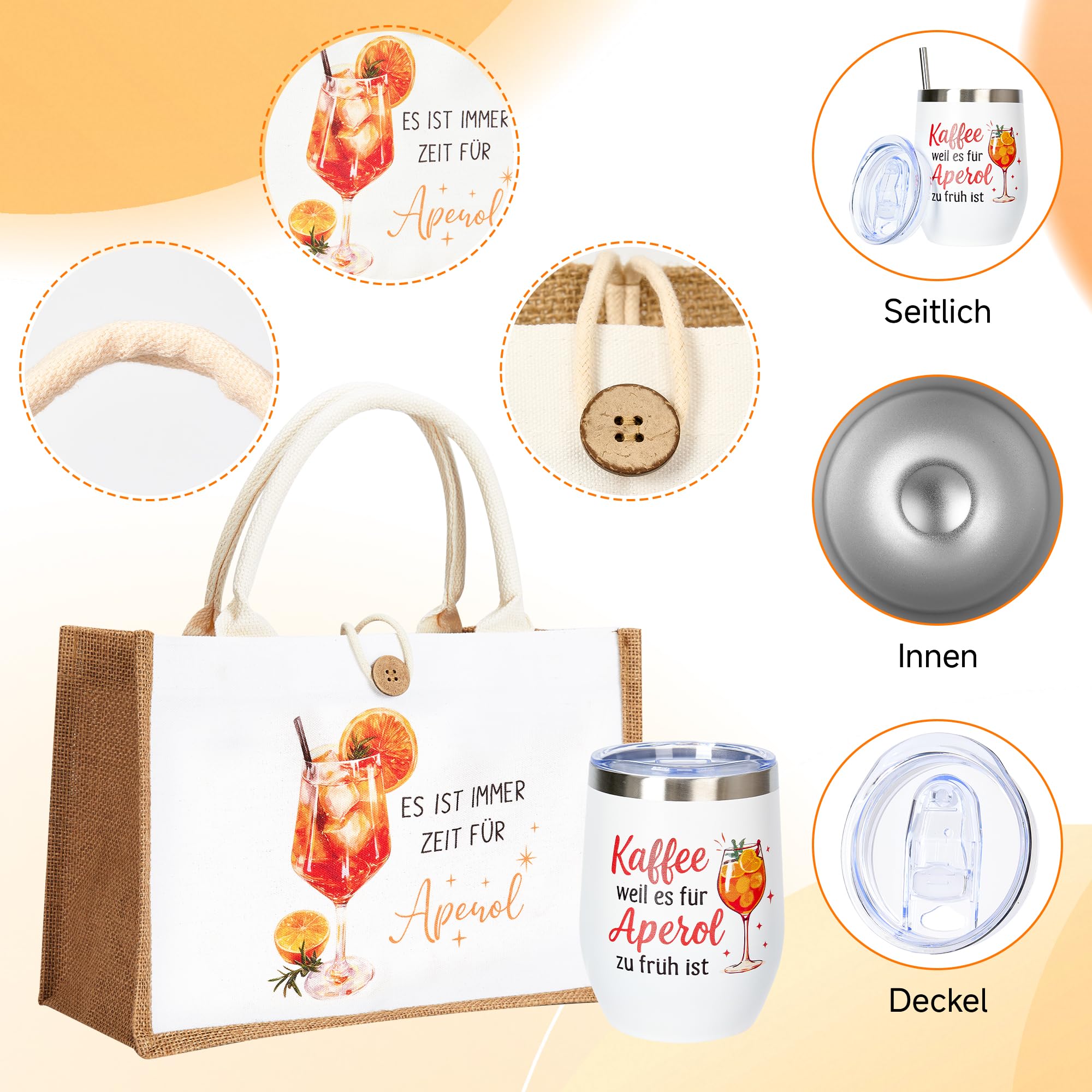 3-teiliges Spritz-Geschenkset für Apéro– Edelstahl Weinbecher 350 ml mit Deckel & Strohhalm, XXL Jute Strand-/Geschenktasche 32×22×13 cm, Premium Geburtstagskarte – Sommer, Party, Freundin, Damen