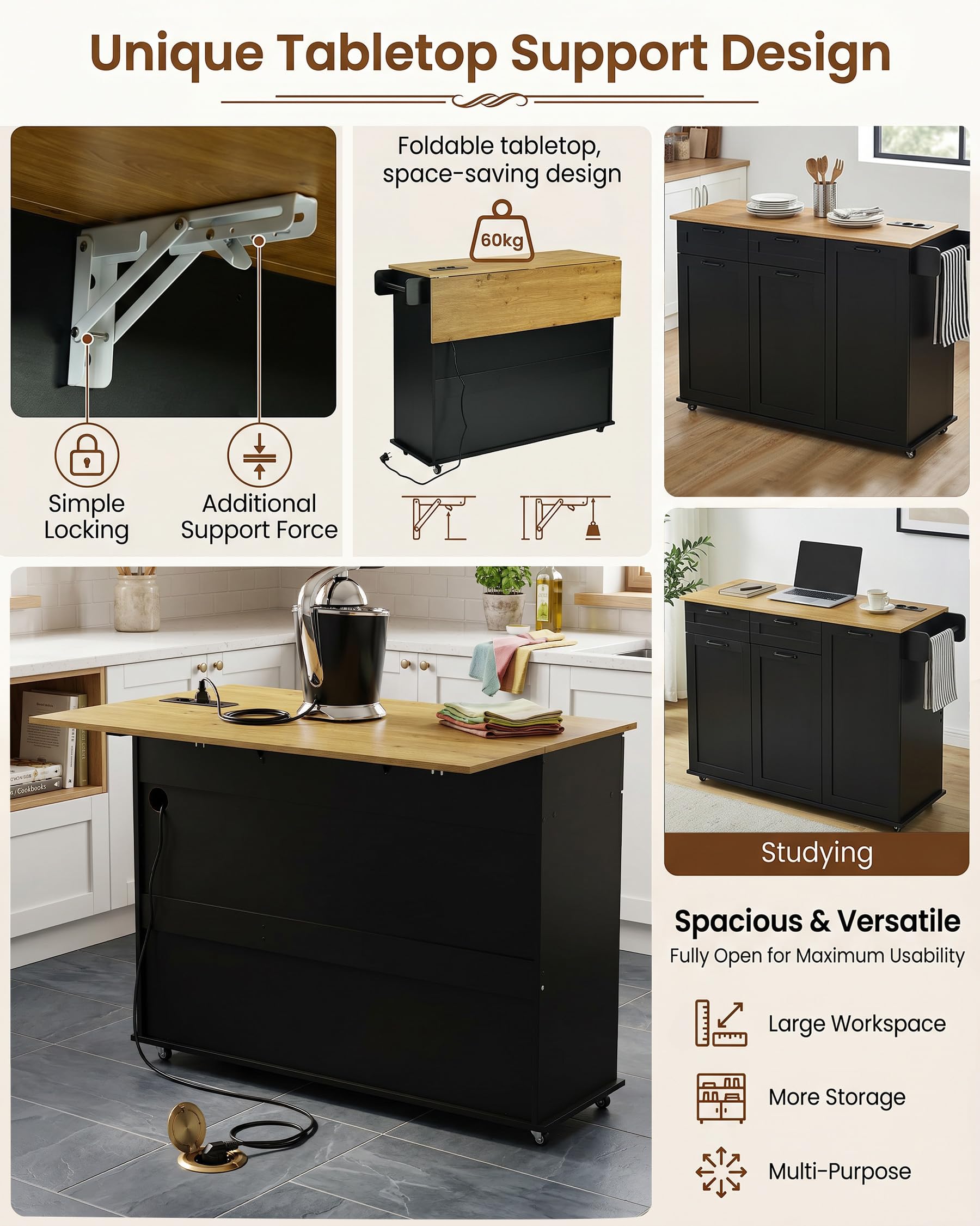 Isola da Cucina con Presa e Piano di Lavoro Pieghevole Mobile da Cucina con Ruote Credenza da Cucina Salvaspazio con 2 Cassetti e 2 Ante Nero/Rovere 120 x 74 x 94,5 cm