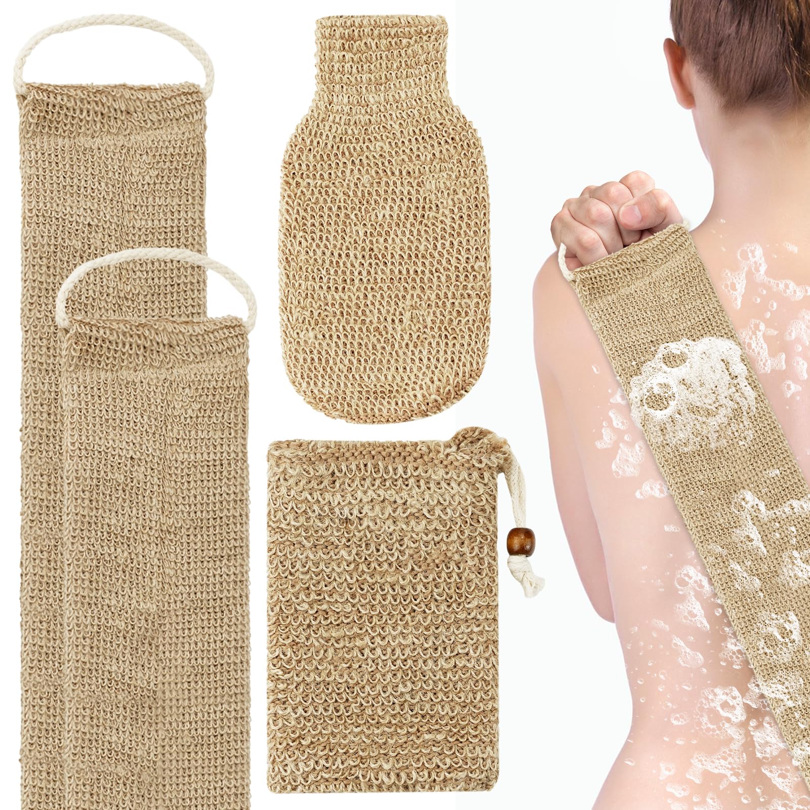 3 Piezas Guante Exfoliante, Correa Exfoliante Espalda de Cáñamo, Bolsa de Jabón Exfoliante de Yute, Manoplas Baño Accesorios de Baño para la Piel Muerta de la Cara del Cuerpo Hombres y Mujeres