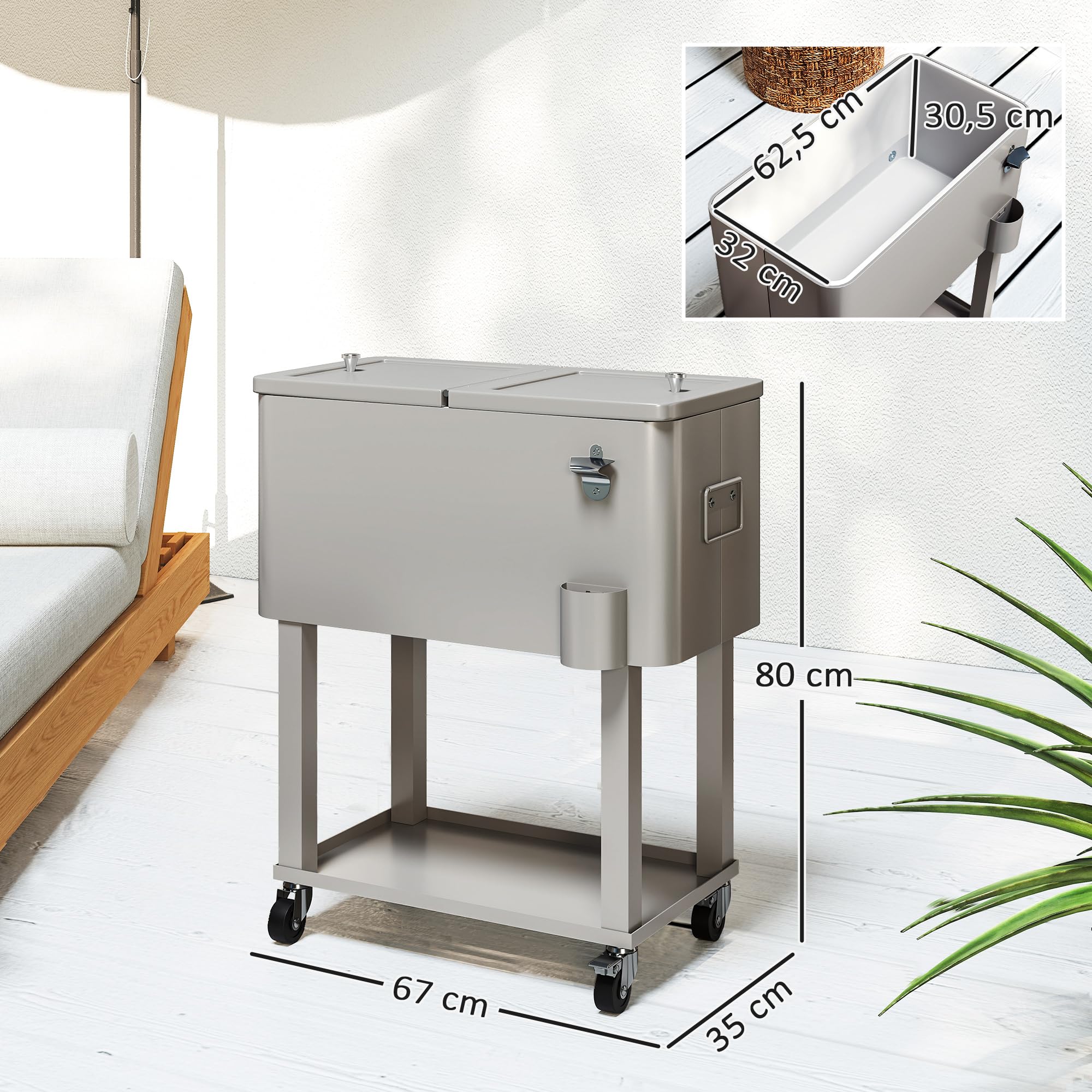 Outsunny Carro de Bebidas Refrigerado 56L Carro Nevera con Ruedas Abrebotellas y Estante para Patio Fiesta Terraza 67x35x80 cm