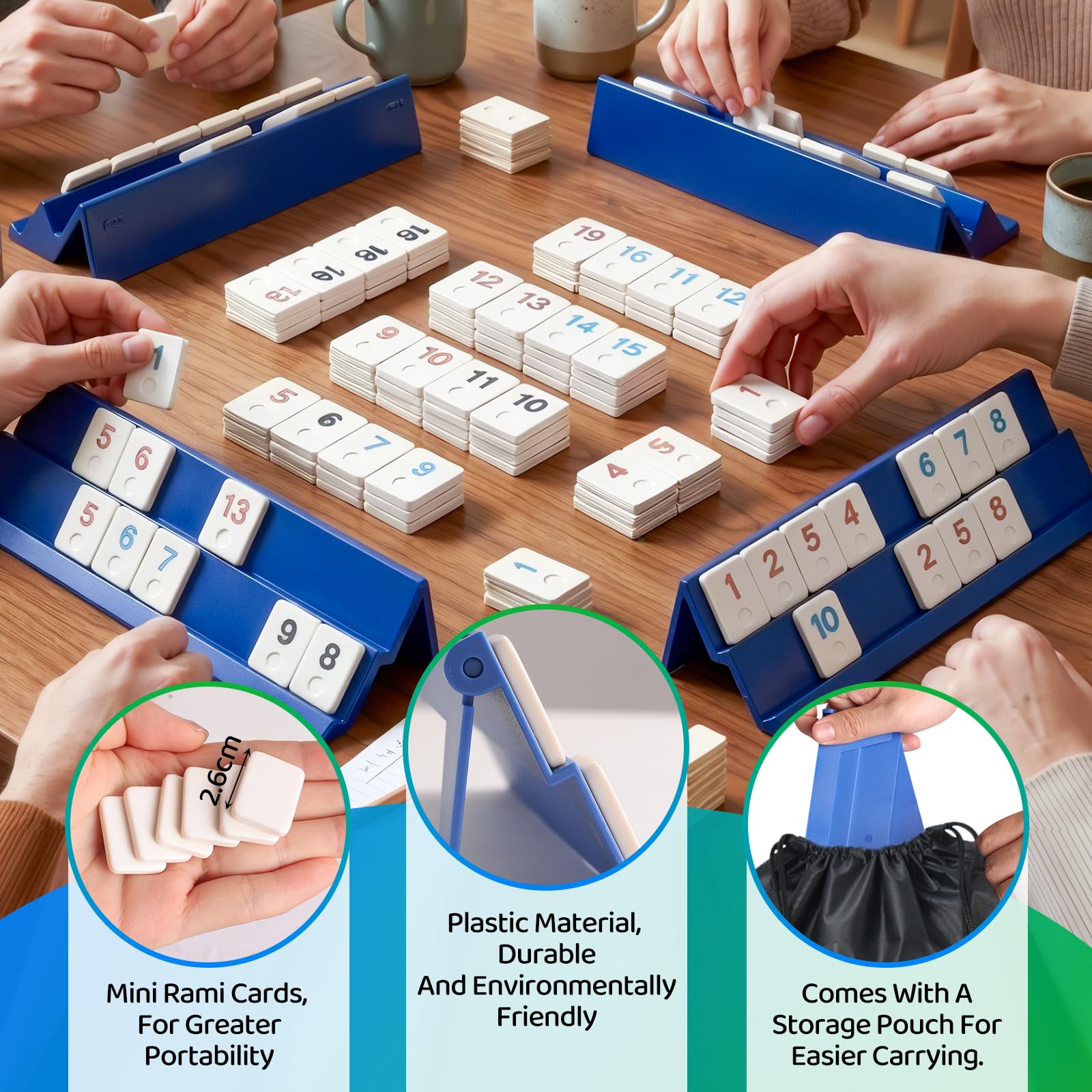 Mini Rummy - Juego de mesa para 2-6 jugadores, juego de viaje con 160 piedras y 6 soportes de juego, juego de viaje para adultos y familia, incluye caja de almacenamiento y bolsa para guardar las