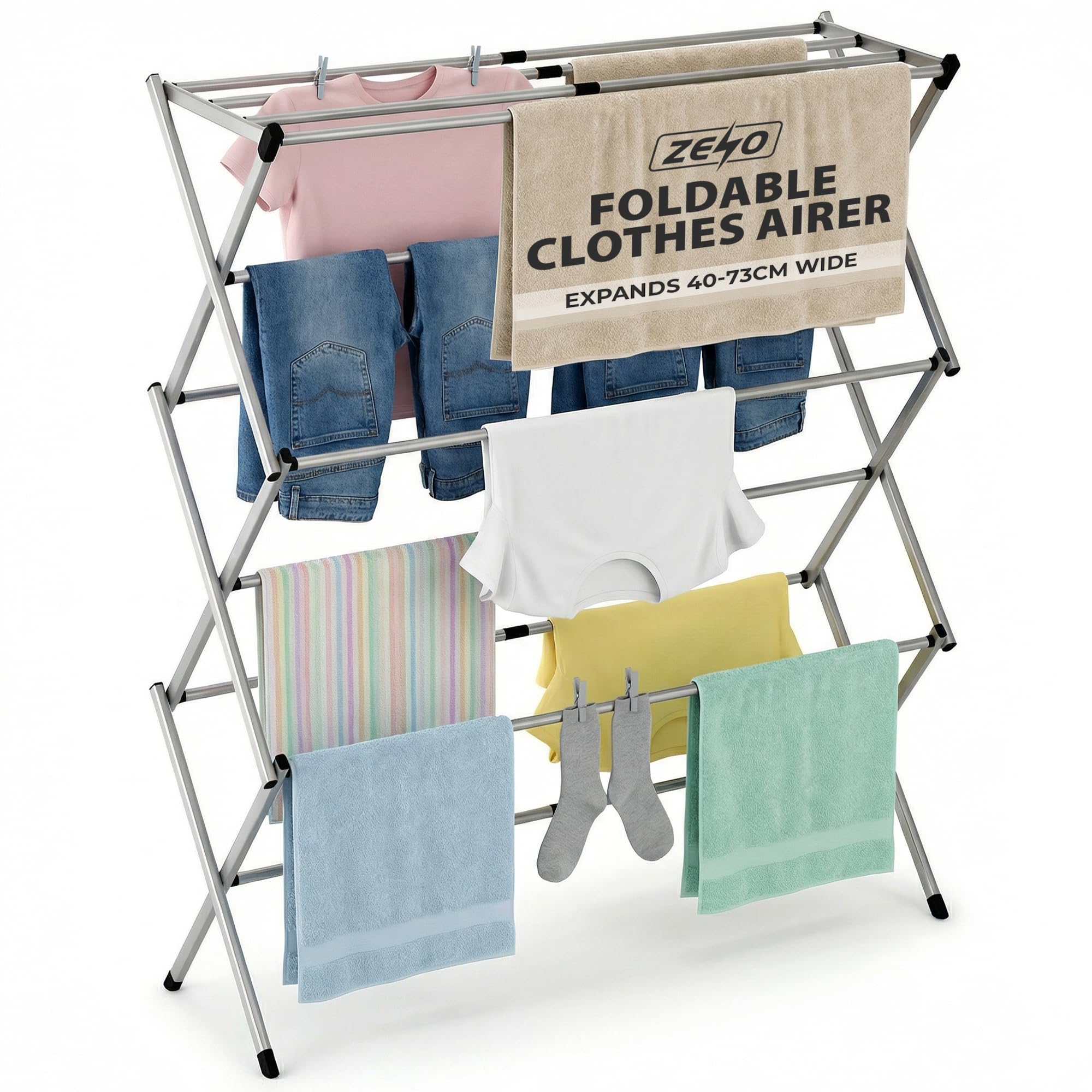 ZENO Clothes Airer Foldable | Clothes Drying Rack | Extendable Clothes Horse | Aluminium Laundry Dryer | Clothes Airer for Indoor & Outdoor | Drying Rack for Clothes & Towels | 105cm X 73cm
