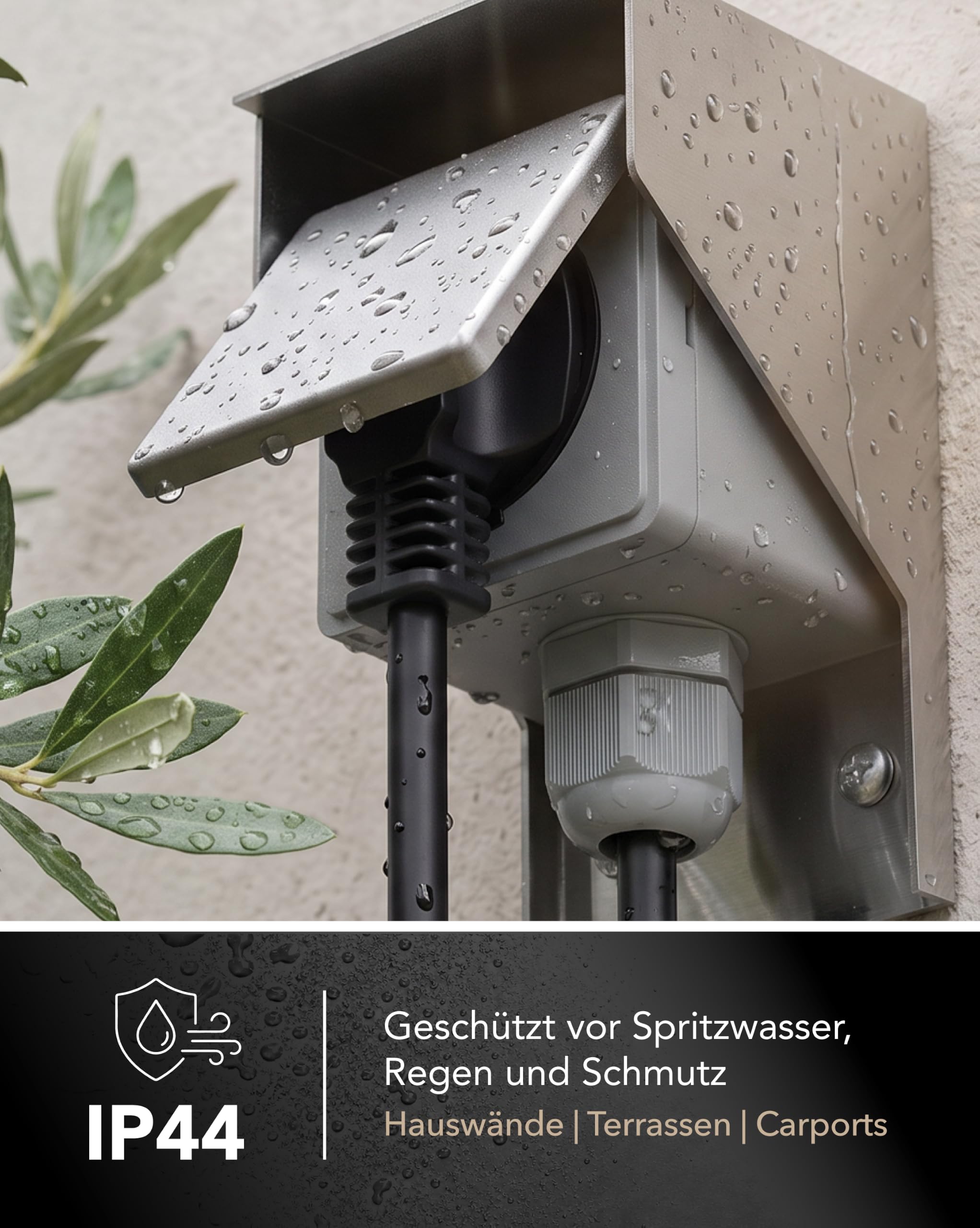 ledscom.de 2x Aufputz Steckdose PIWI für außen und 2m Kabel, IP44, 1-fach, edelstahl