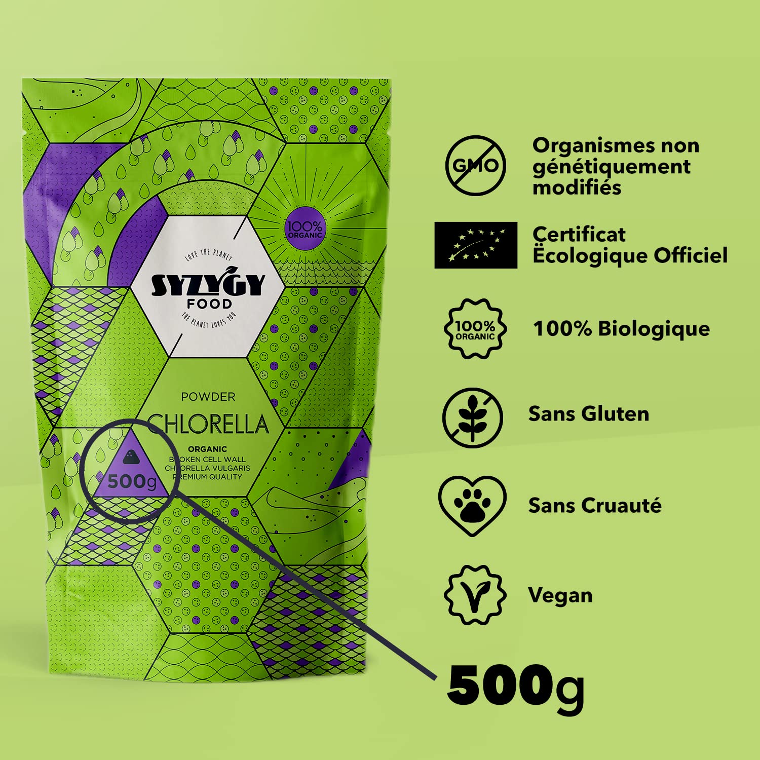 SYZYGY FOOD - Chlorella en Poudre Certifiée Bio - 500g - Chlorella 100% BIO - Paroi Cellulaire Brisée - Détox - Vegan - Protéines Végétales - Satiétant - B12 - Vitamines - Minéraux