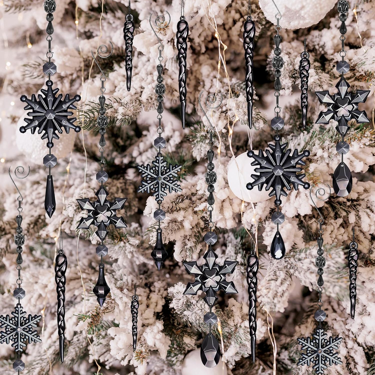 Giegxin 32 Pcs Crystal Christmas Ornaments Crystal Hanging Snowflakes Acrylic Xmas Tree Icicle Drop Decorations with Hooks for Christmas Snow Party Winter (Black)