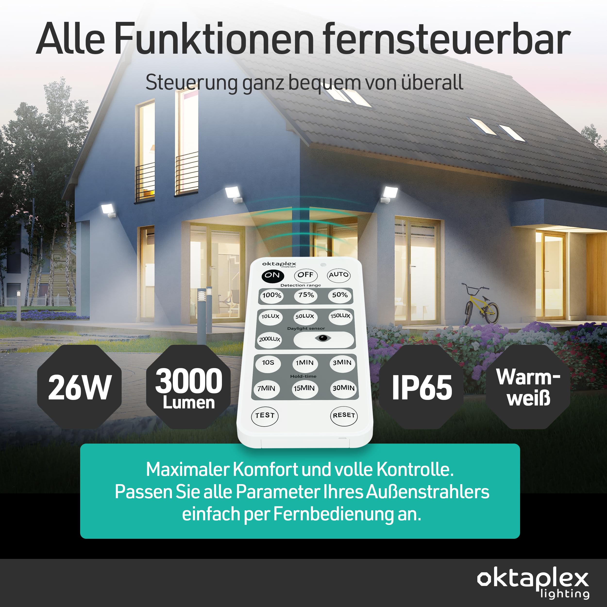 Oktaplex Cali Außenstrahler mit Bewegungsmelder und Fernbedienung 3000lm warmweiß 3000K Außenbeleuchtung 26W IP65 LED Strahler weiß