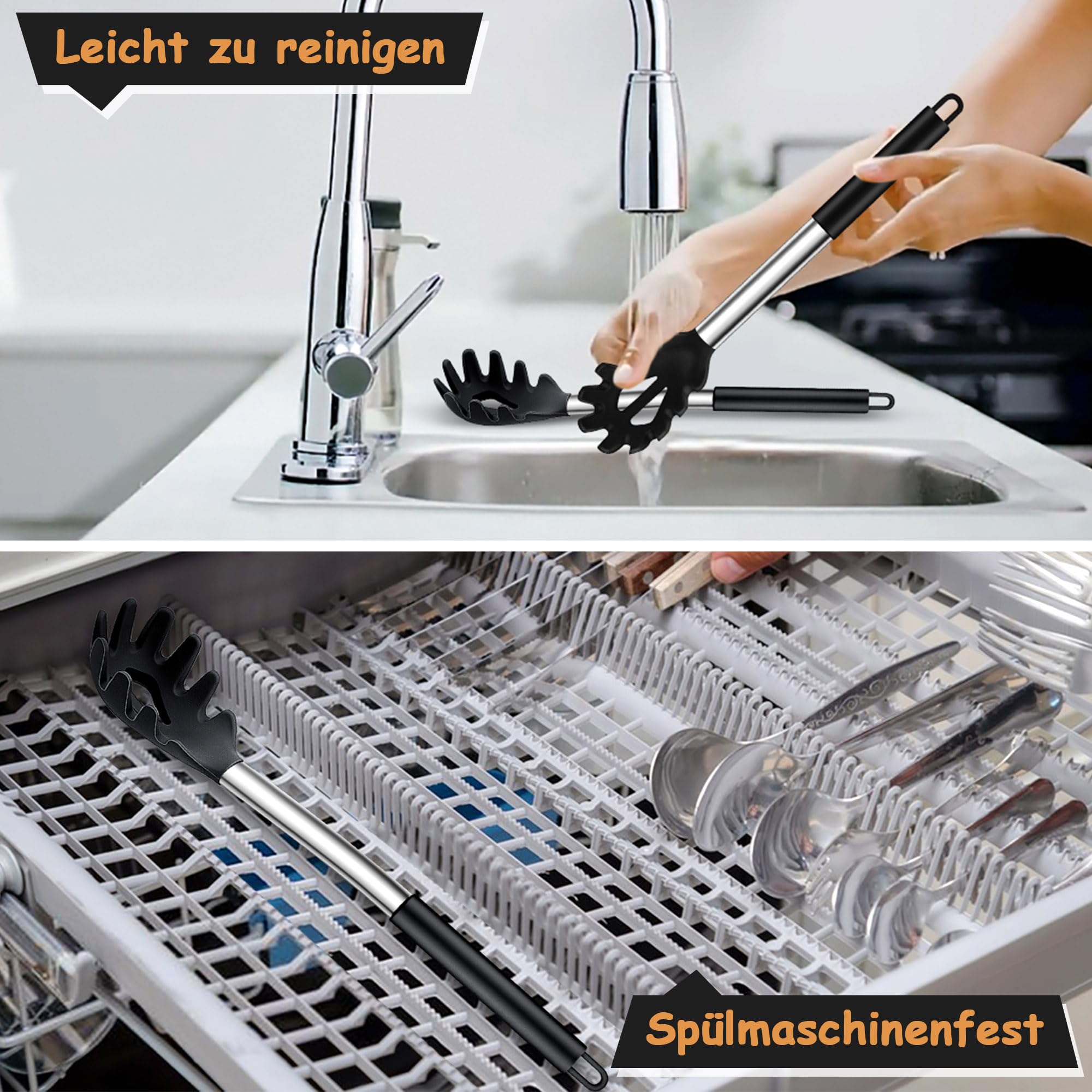 Joyfair 2 cucchiaini per spaghetti in silicone con manico in acciaio inox (nero)