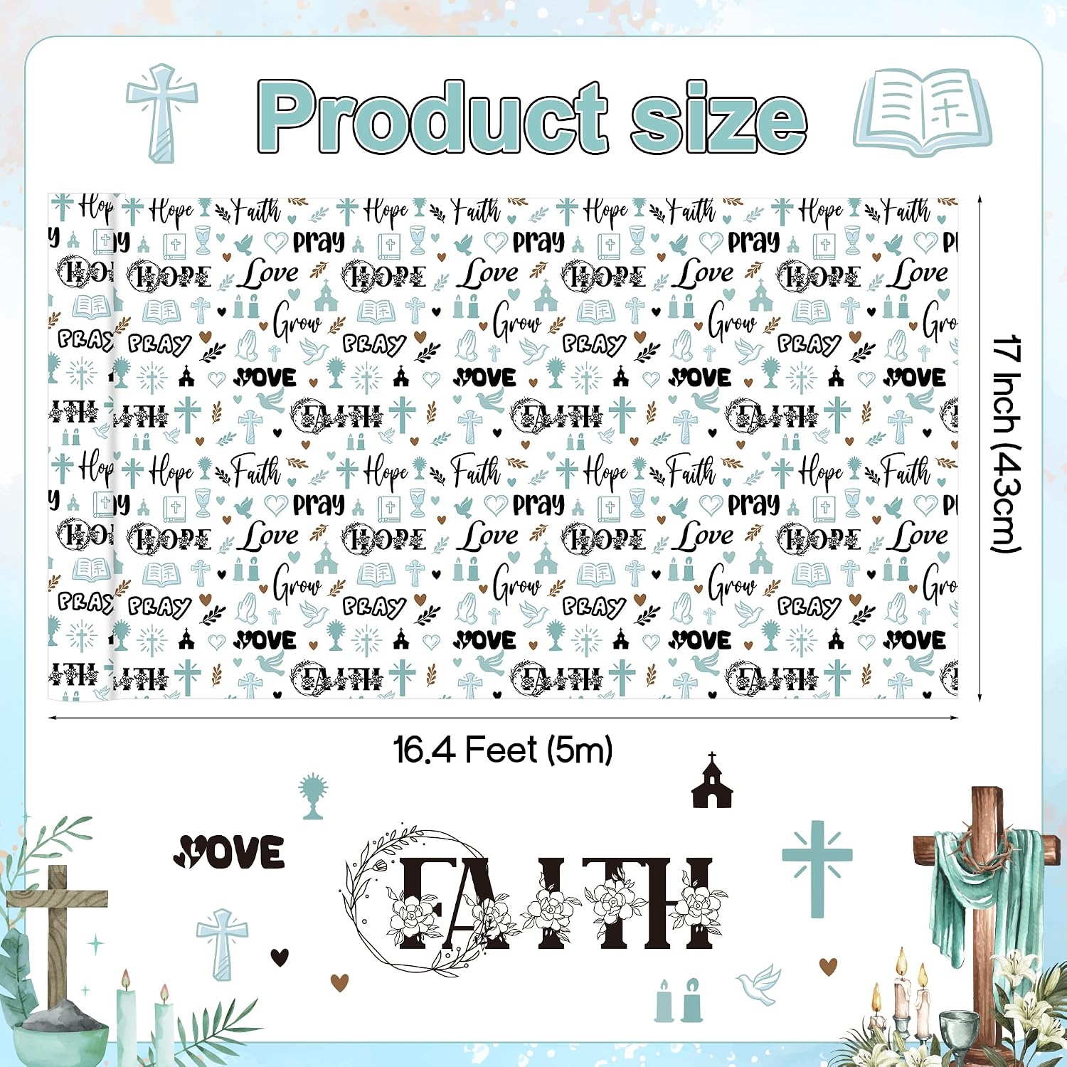 Pineraap Christian Wrapping Paper Roll - Dove, Bible, Church & Pray Designs - Holiday Gift Wrap for Presents, Winter Parties, Celebrations & Blessings, 17 In x 16.4 Ft image 3