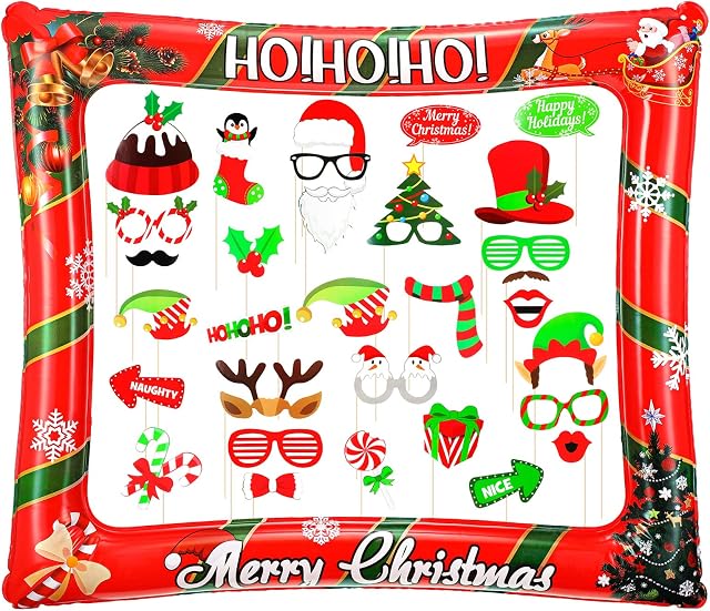 Christmas Inflatable Photo Booth Frame with 32 Pcs Photo Booth Props Christmas Party Props Picture Selfie Frame Xmas Holiday Family Decor Game Accessories Supplies