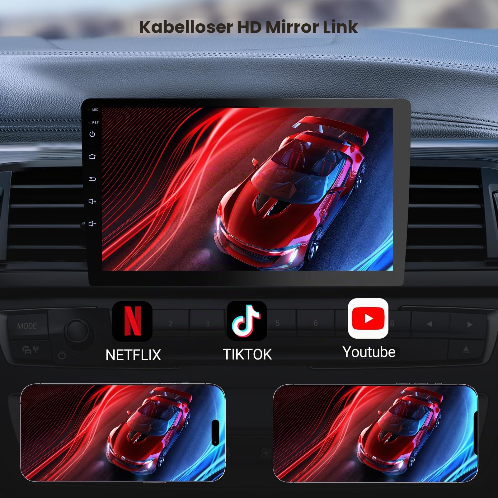 Haudio 10.1 Zoll 2 Din Radio Android,mit Wireless CarPlay & Android Auto,Auto Radio Touch Display mit Rückfahrkamera,GPS-Navigation, Bildschirmspiegelung,AUX,FM|Android CarPlay Bildschirm
