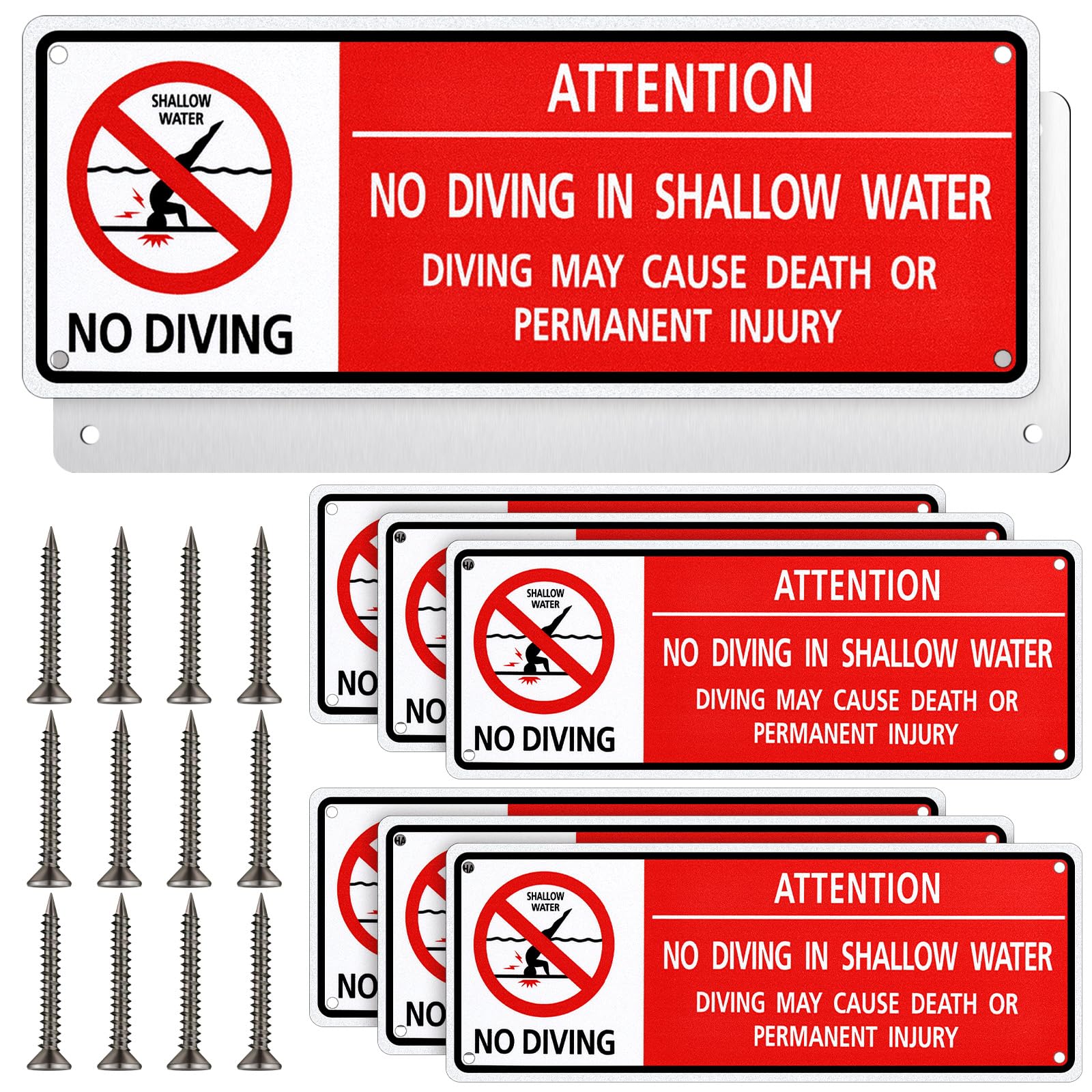 Otoolling 6 Pcs Aluminum No Diving Pool Sign Reflective Aluminum No Diving Shallow Water Warning Caution Signs Pool Safety Signage for Swimming Indoor Outdoor, 3 x 10 Inch-image-22