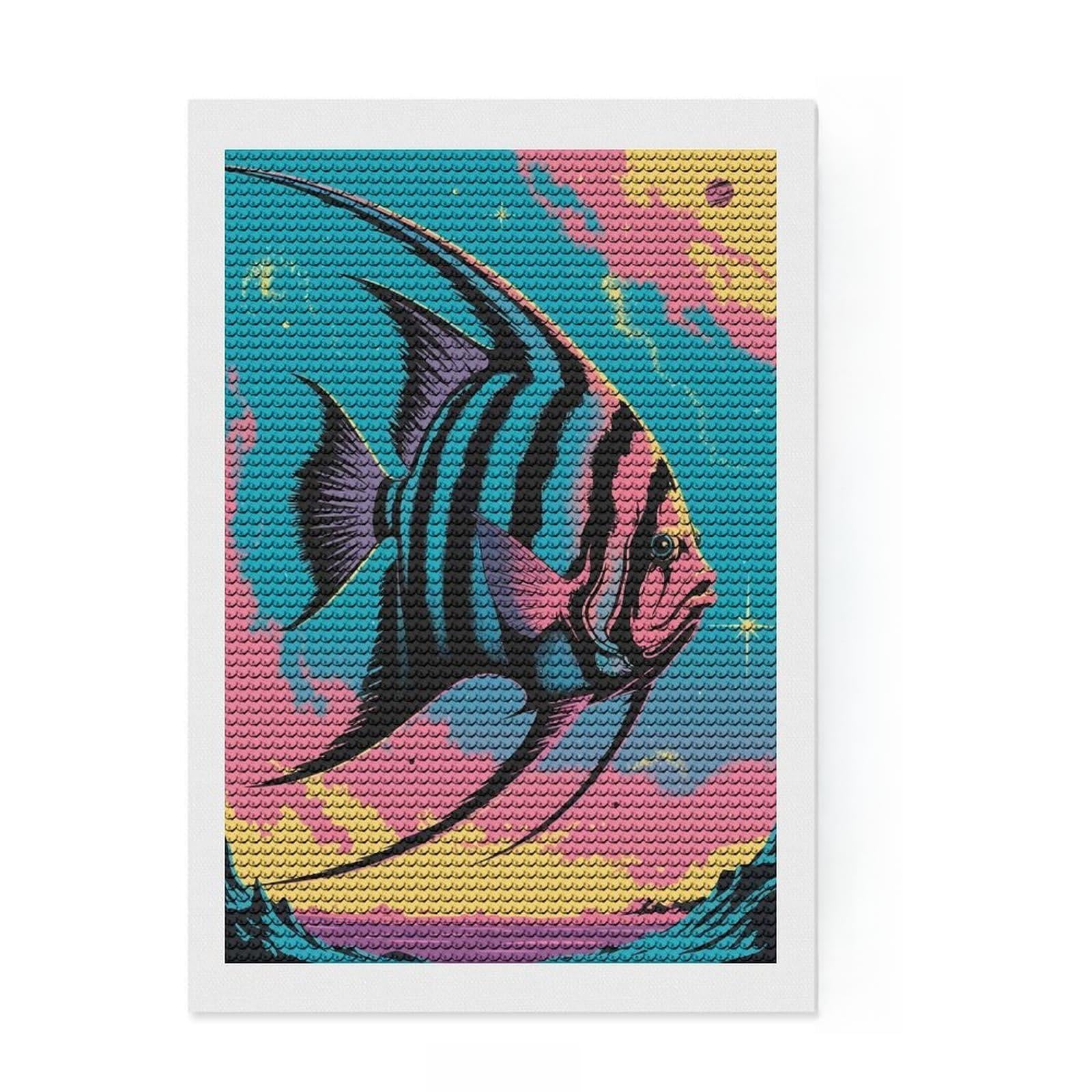 Junmoney Psychedelic Angelfish in Space Diamond Art Canvas 8"x12", Decorate Your Room, Satisfying Creative Project, Full Kit Included, Aesthetic Room Decor