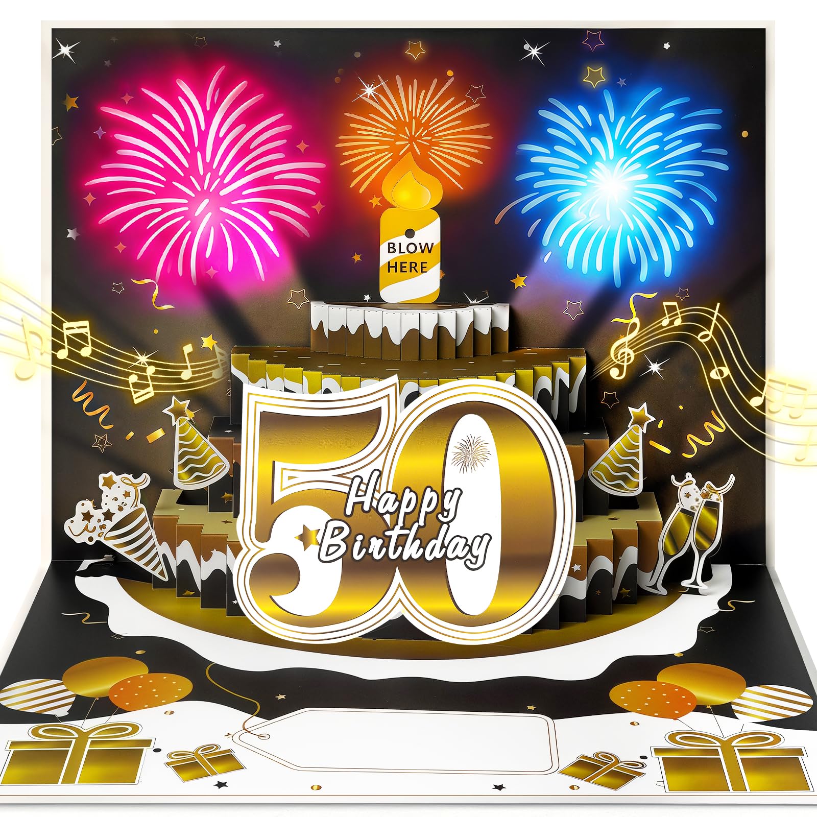 YianHien Birthday Card for Men, 50th Birthday Card with Music & Blow Out LED Candle & Light Up Fireworks, 3D Pop Up Musical Birthday Card Decorations, 50th Birthday Gifts Men