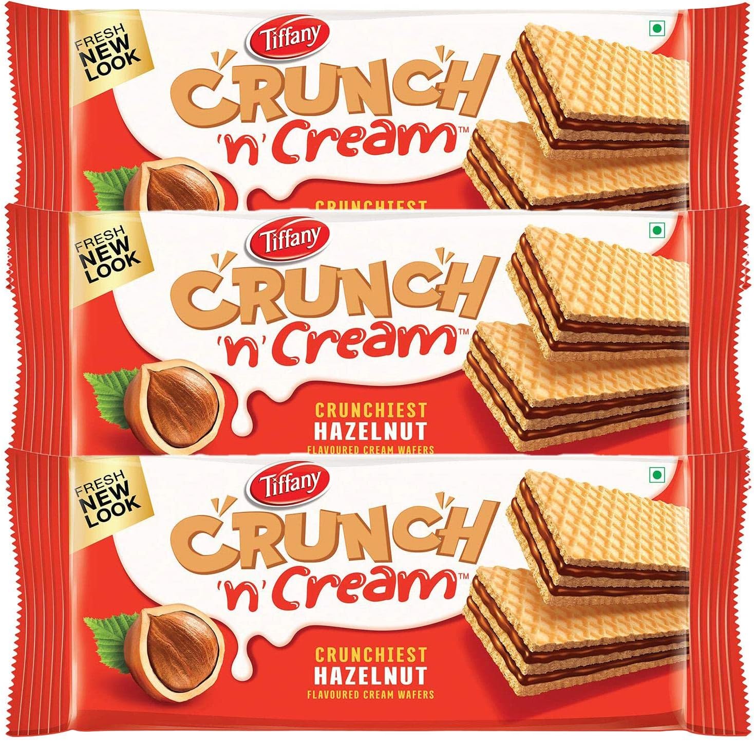 Wafers Crunch N Cream Crunchiest Sandwich Hazelnut Flavored Cream Wafers (Pack of 3, 135 g),Great for Snacking and Sharing