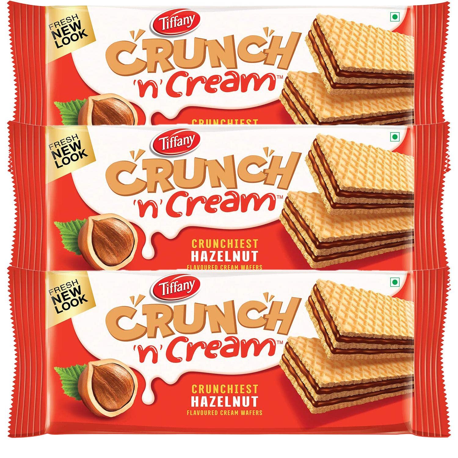Wafers Crunch N Cream Crunchiest Sandwich Hazelnut Flavored Cream Wafers (Pack of 3, 135 g),Great for Snacking and Sharing