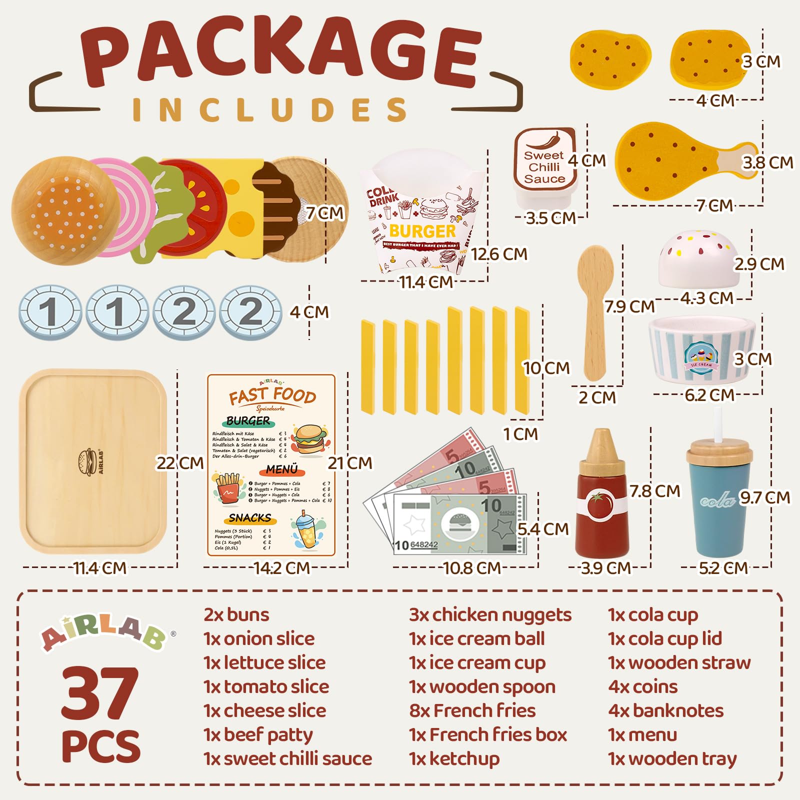 Airlab Fast Food Giocattolo, Accessori Cucina Giocattolo Legno per Bambini Bambina, Set Cibo Veloce Finto Giocattolo per Cucina Bambini, Regalo Bambino Compleanno Pasqua Halloween Natale 3 4 5+ Anni