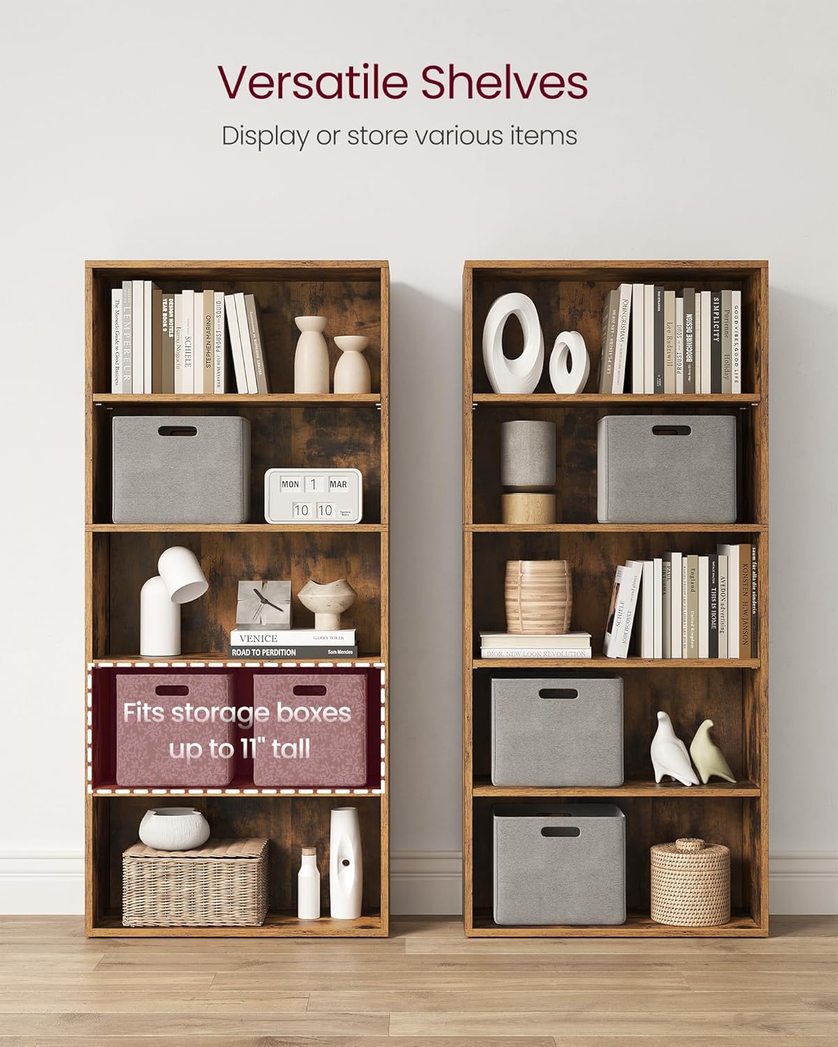 VASAGLE CUSTOS Collection - Bookshelf, 5-Tier Bookcase, Book Shelf, Open Storage Shelf, 9.4 x 23.6 x 52.5 Inches, for Living Room, Home Office, Dining Room, Rustic Brown ULBC165X01