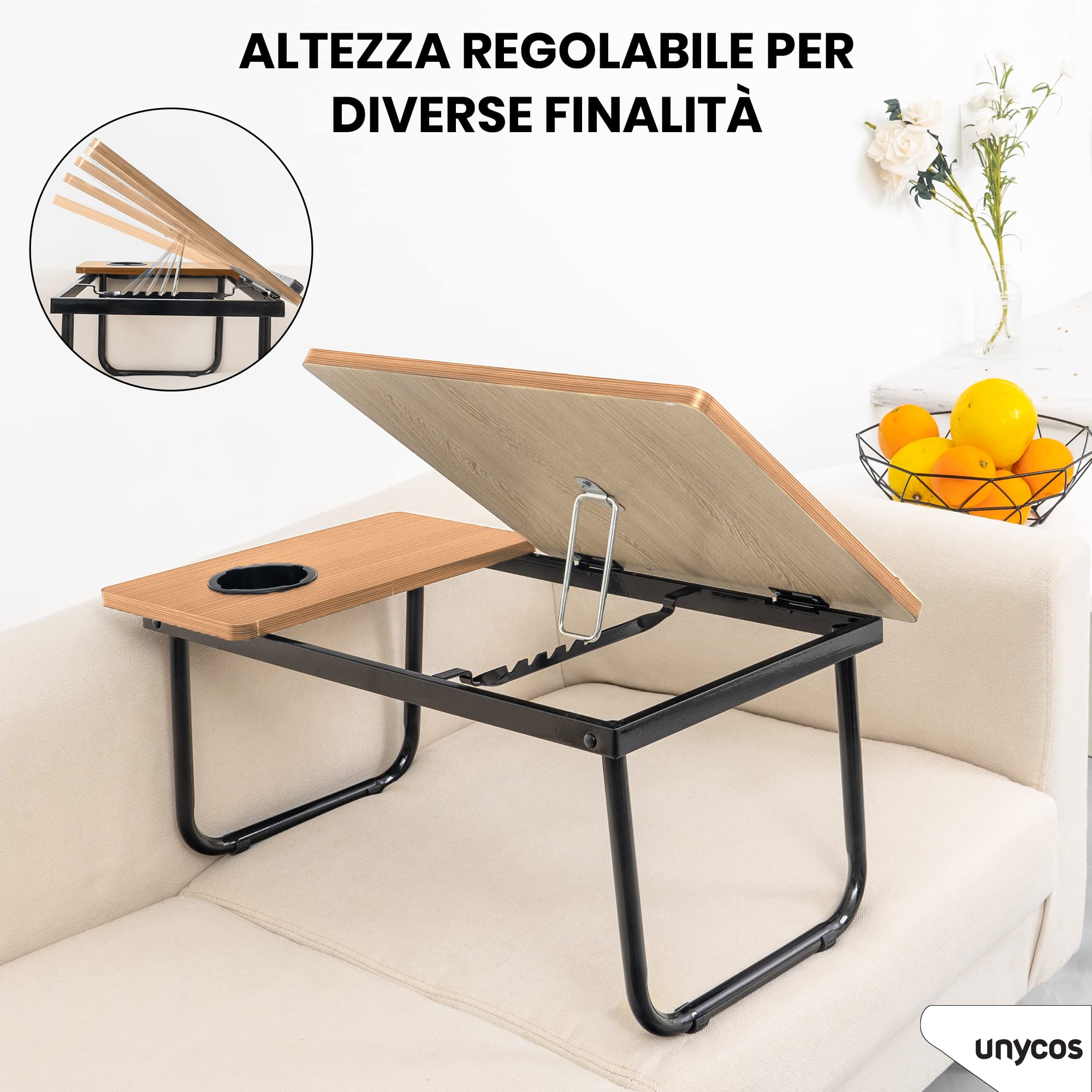 unycos - Vassoio per la Colazione e da Letto, Tavolo Pieghevole PC Portatile【Fino a 15,6"】56x33x23cm (22,04"x12,99"x9,05") 5 Livelli di Inclinazione, Leggio e Slot per Tazza, Supporta 20 kg (Noce)