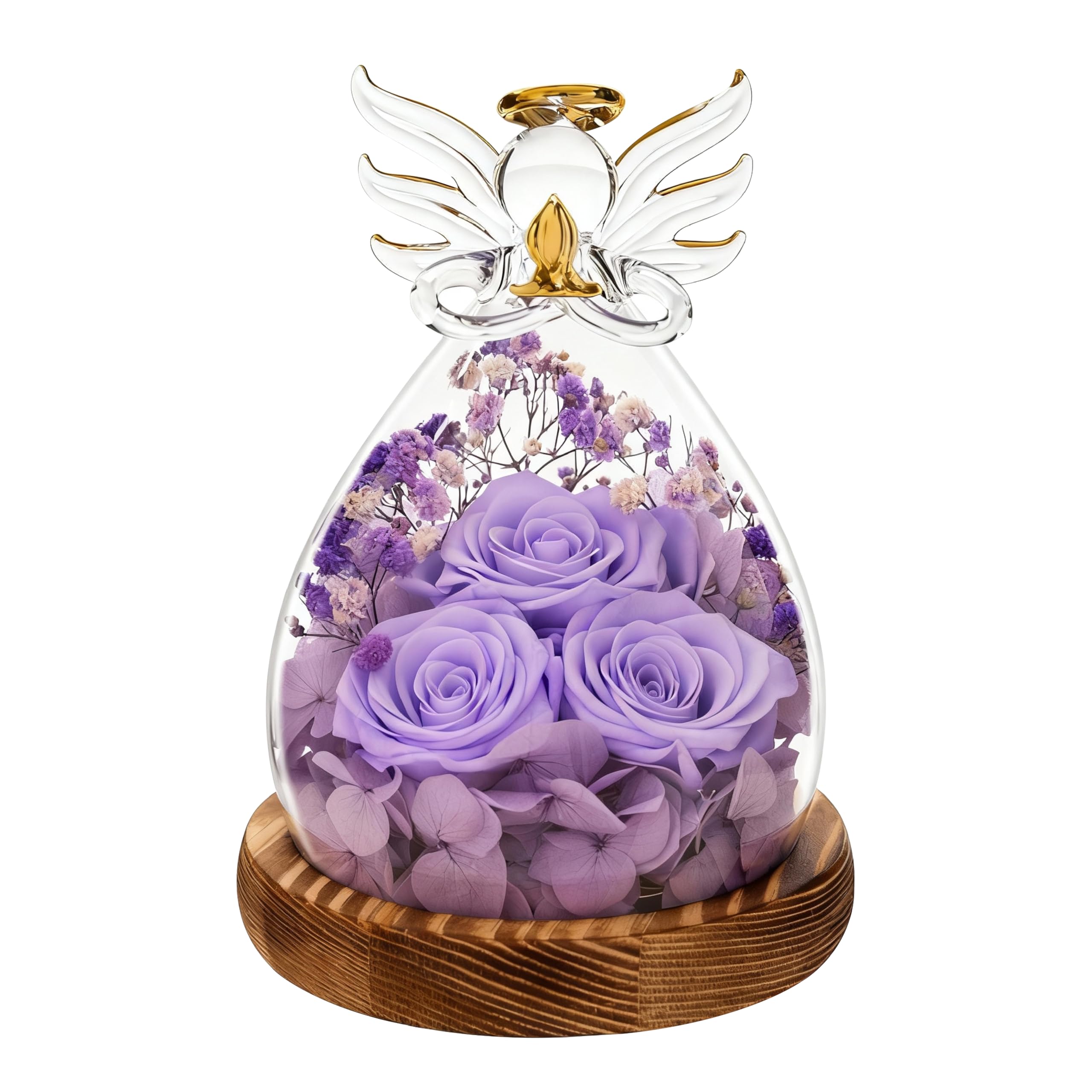 Rosa de ángel para mujer, figura de ángel de cristal preservada con luces LED, luz nocturna de cumpleaños de flor eterna para mamá, decoración perfecta para el día de la madre, San Valentín