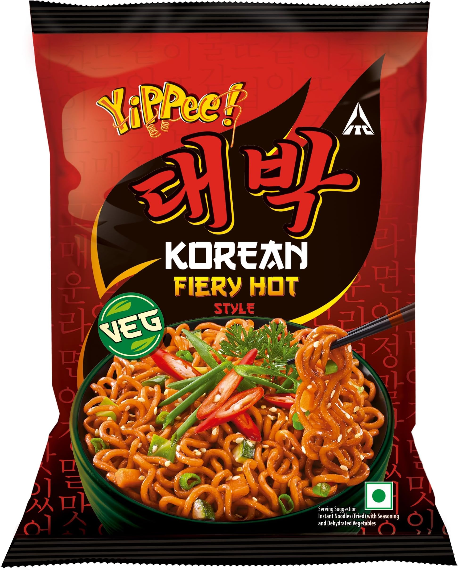 YiPPee! Korean Fiery Hot Style Noodles, Deliciously Spicy Noodles with 5 Added Vegetables, 75gm /80 gram(Weight may vary)
