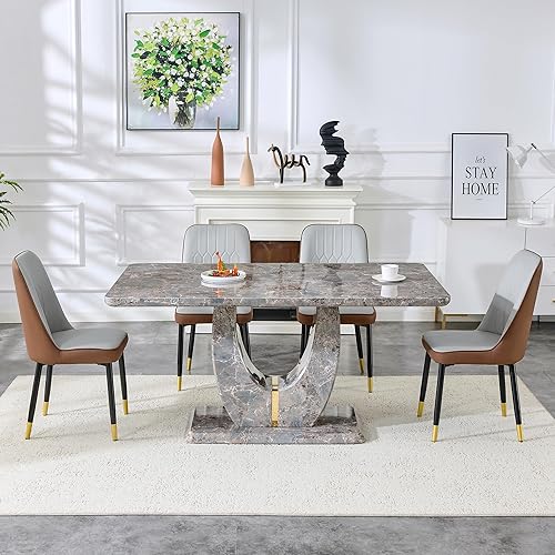 Miniatura 41 de JUFU Juego de mesa de comedor moderno para 6, juego de mesa de cocina de 63 pulgadas con mesa de mármol sintético y 4 sillas tapizadas de piel