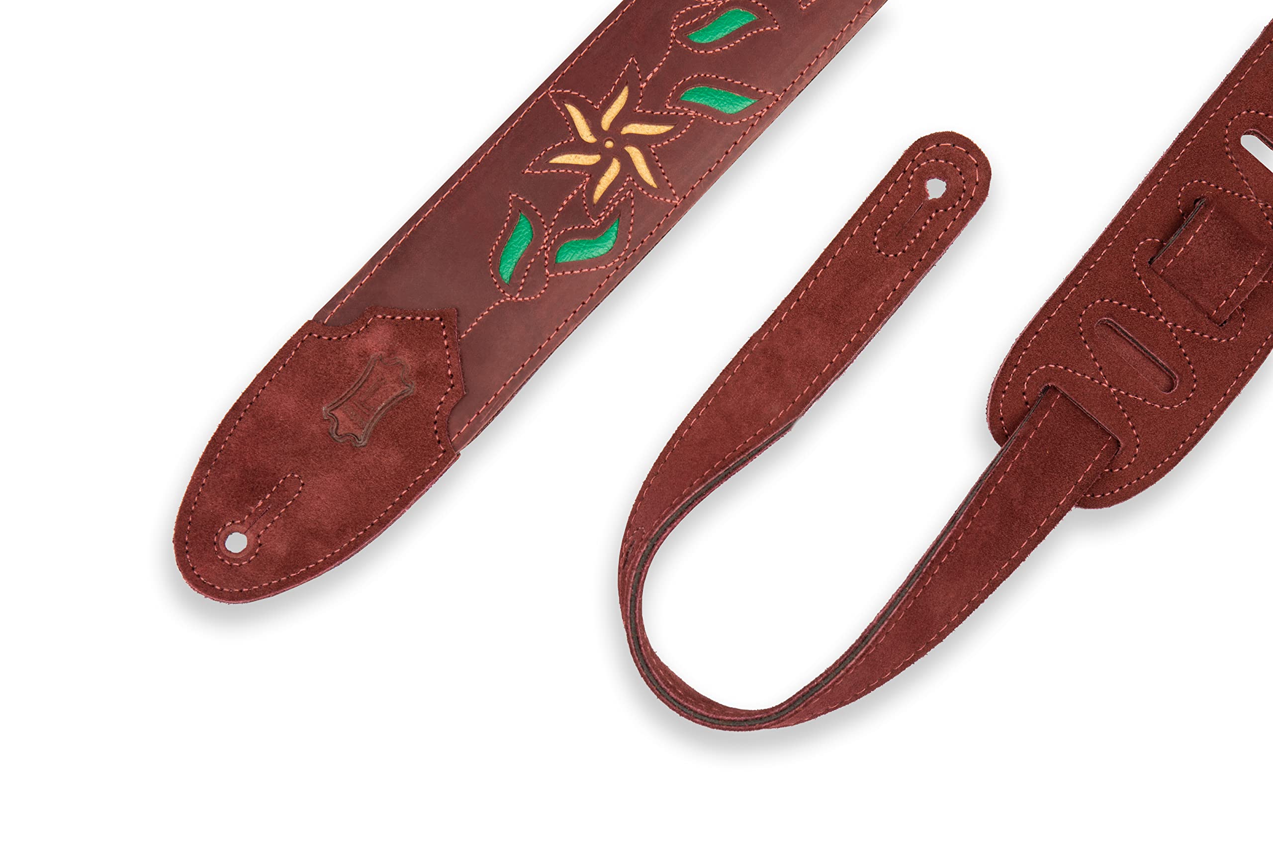 Levy's Flowering Vine Leather Guitar Strap - Burgundy with Yellow Flowers, Burgundy/Light Brown - Image 2