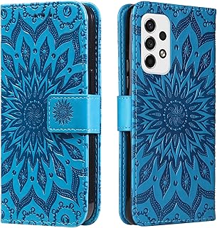 Samsung Galaxy A53 5G Case, Shockproof PU Leather Flip Notebook Wallet Cover Embossed Sunflower with Magnetic Stand Folio Soft TPU Bumper Shockproof Protective Case for Samsung A53 5G Blue