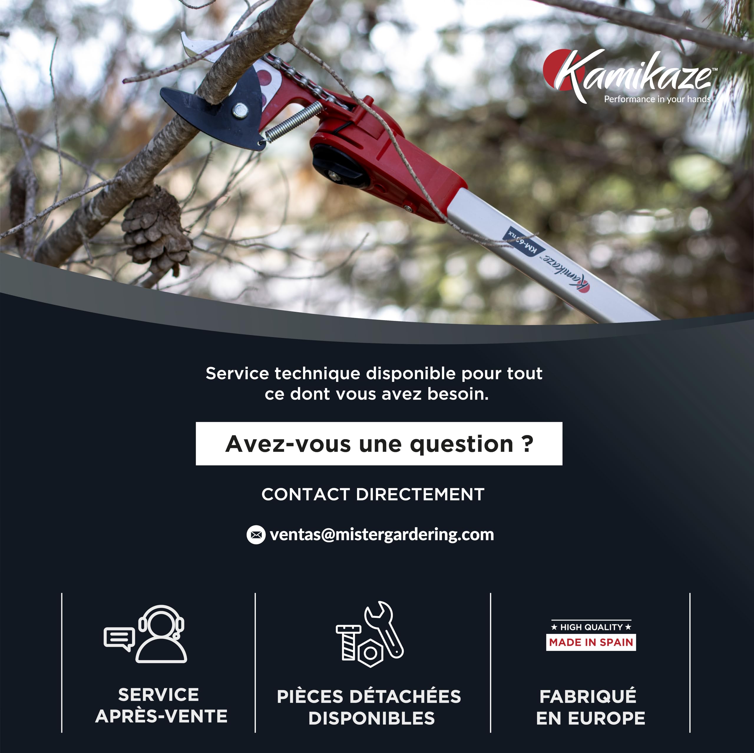 KAMIKAZE Échenilloir Coupe-Branches Télescopique jusqu'à 4 m. Mécanisme de Poulies Réducteur d'Effort. Tête Rotative et Lame en Acier SK5 avec Revêtement Antiadhésif. Sécateur Télescopique KM-63TLX