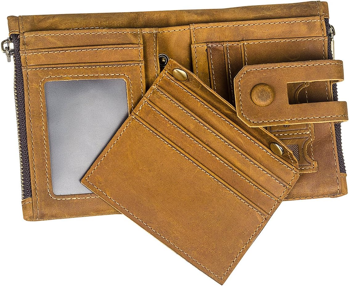 RFID Blocking Men's Wallet with Coin Pocket - Bifold Vintage Genuine Leather With 2 Zip Pockets - Ideal for Travel - Compact - Horizontal & Vertical Slots - 17 Card Capacity, ID Window, Snap Closure