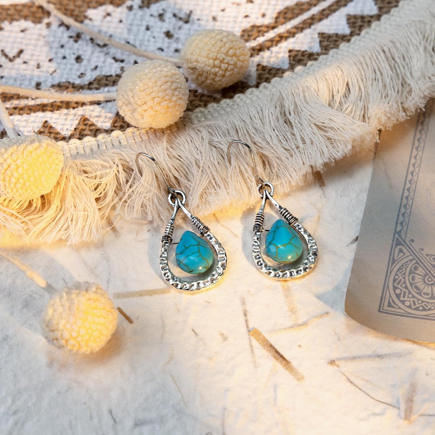 Silver Teardrop Birthstone Earrings - Swiveling Turquoise Dangles, Hypoallergenic Boho Women's Jewelry Gift - Image 5