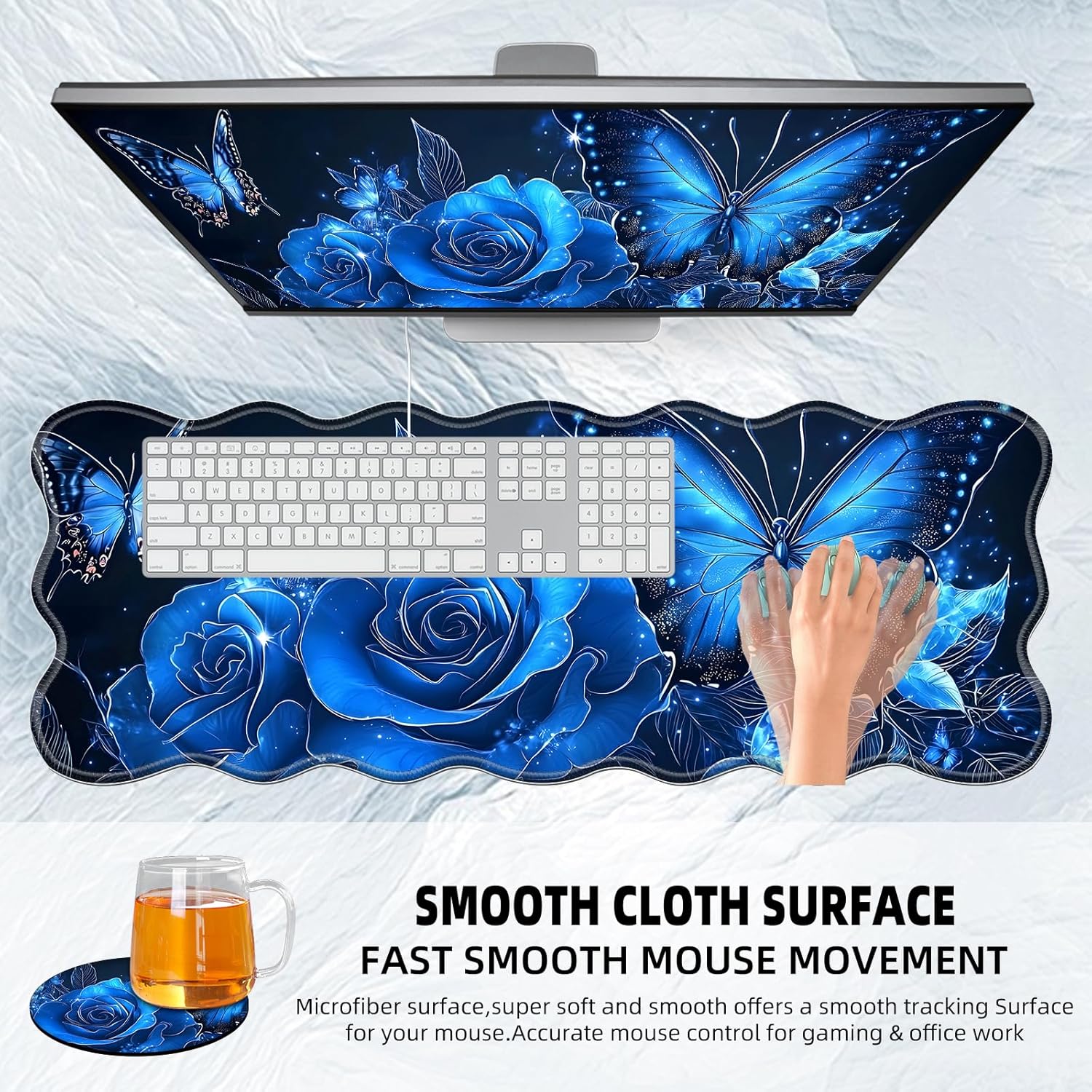 Large Gaming Mouse Pad with Coaster, Edge Stitching Keyboard Blue Rose Butterfly Mouse Mat for Desk, 31.5" x 11.8" Household Extended Desk Pad for Desktop, Non-Slip Rubber Base