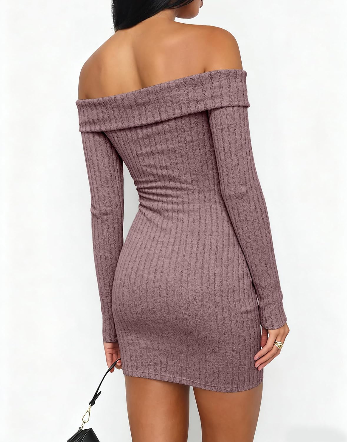 HYPERFIRE Women's Sexy Elegant Off The Shoulder Ribbed Long Sleeve Dress Party Mini Dresses - Image 2